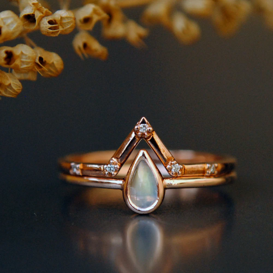 Pear Moonstone and V Pave Set Diamond Wedding Ring Set Abhika Jewels