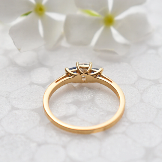 Princess Diamond Three Stone Ring with Blue Sapphire
