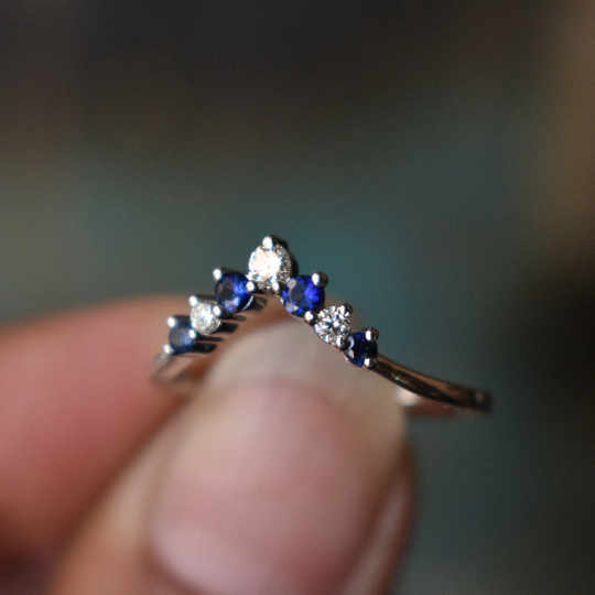 Natural Blue Sapphire and Diamond Chevron Wedding Stack Ring, 14K Solid Gold September Birthstone Promise Ring