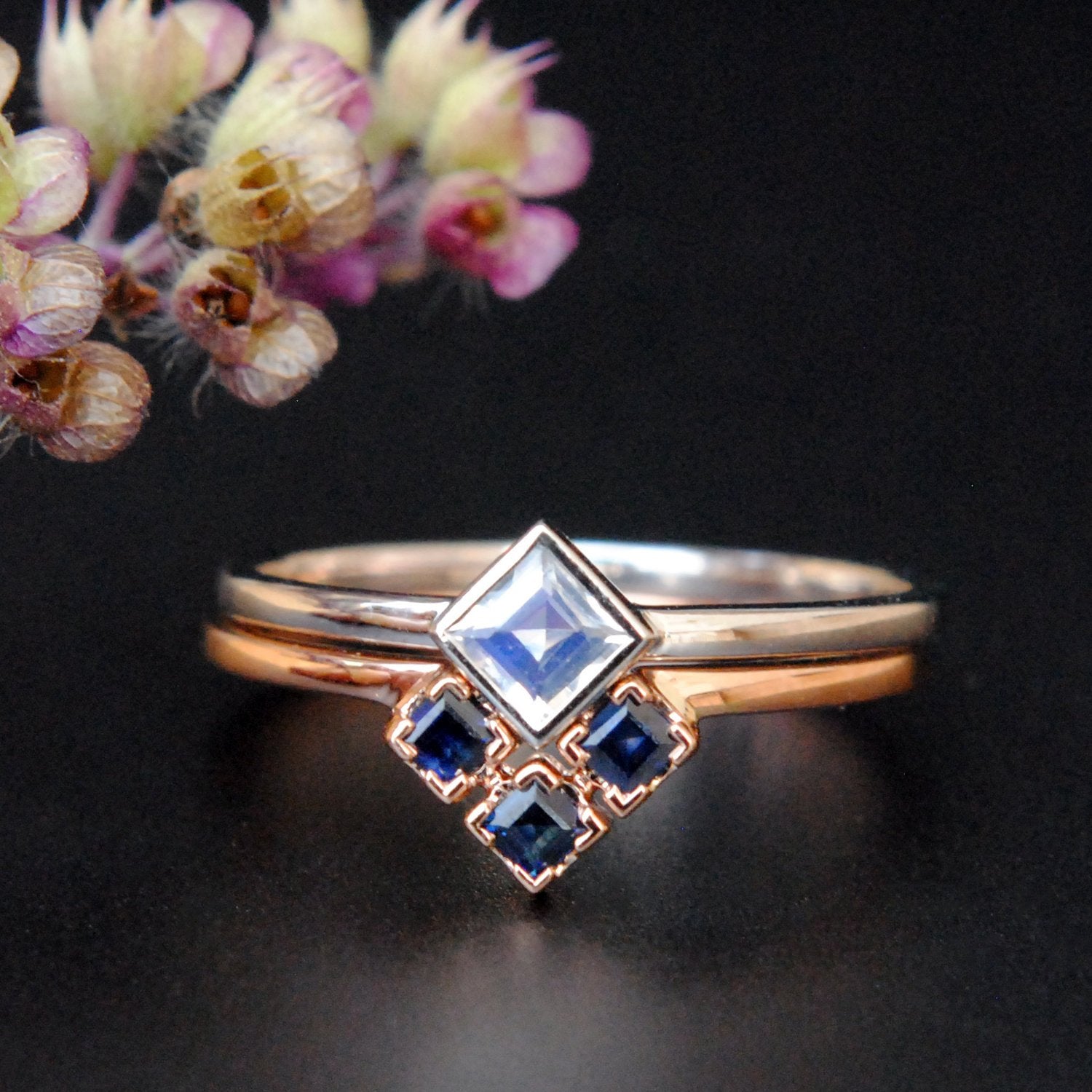 Moonstone & Blue Sapphire Wedding Ring Set-Abhika Jewels