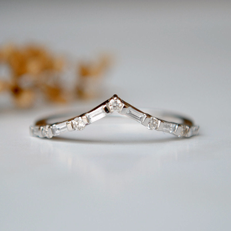Round & Baguette Diamond Chevron V Ring-Abhika Jewels