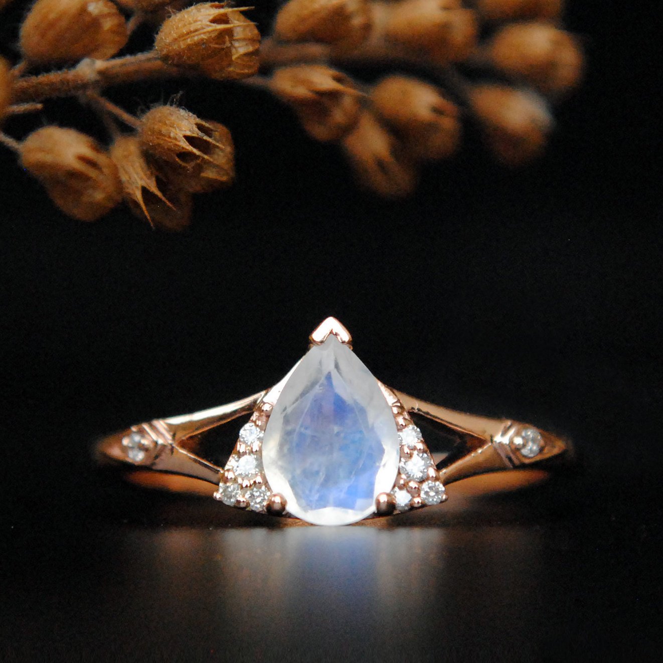 Pear Moonstone and Diamond Split Shank Ring-Abhika Jewels