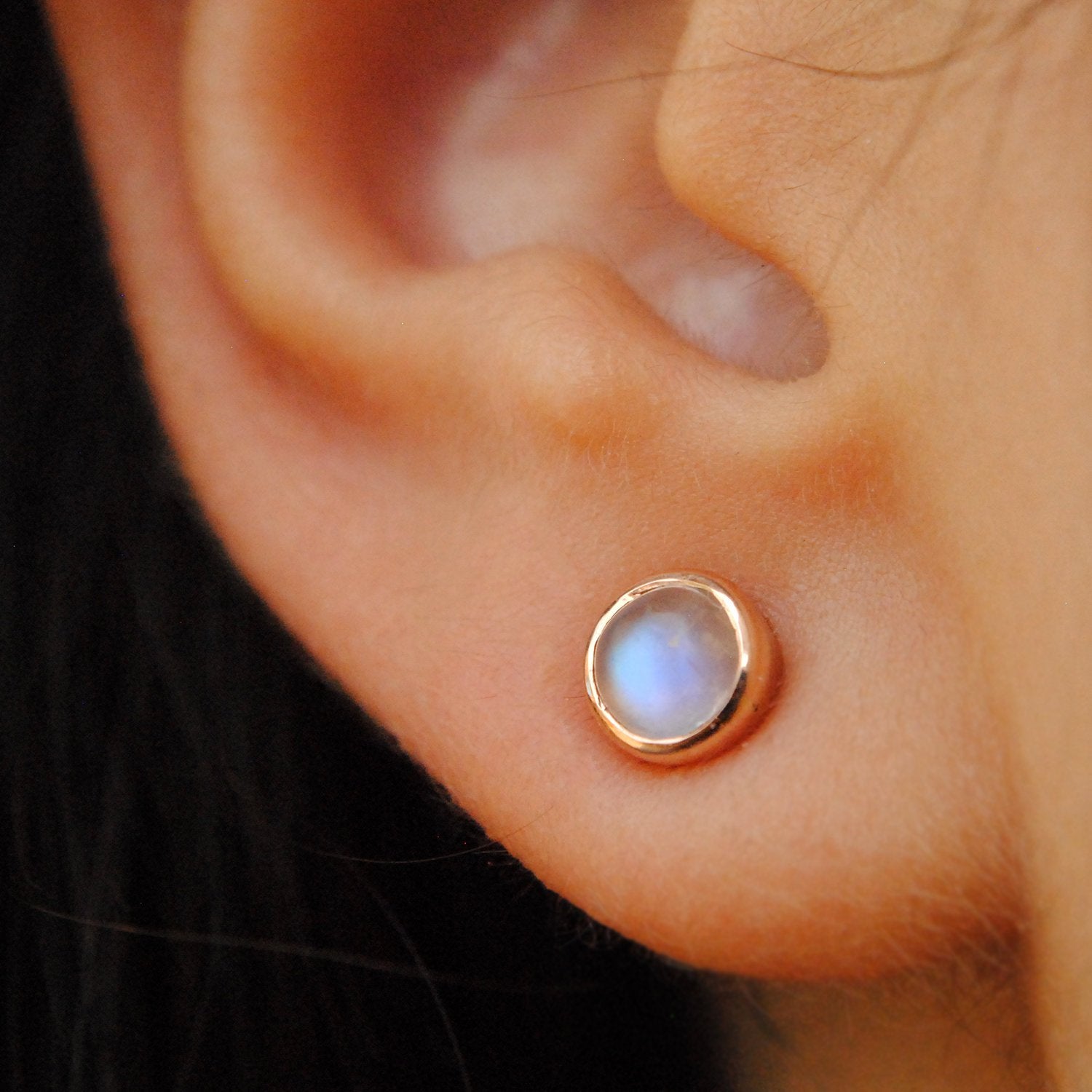 5mm Round Cabochon Rainbow Moonstone Gold Stud Earrings-Abhika Jewels