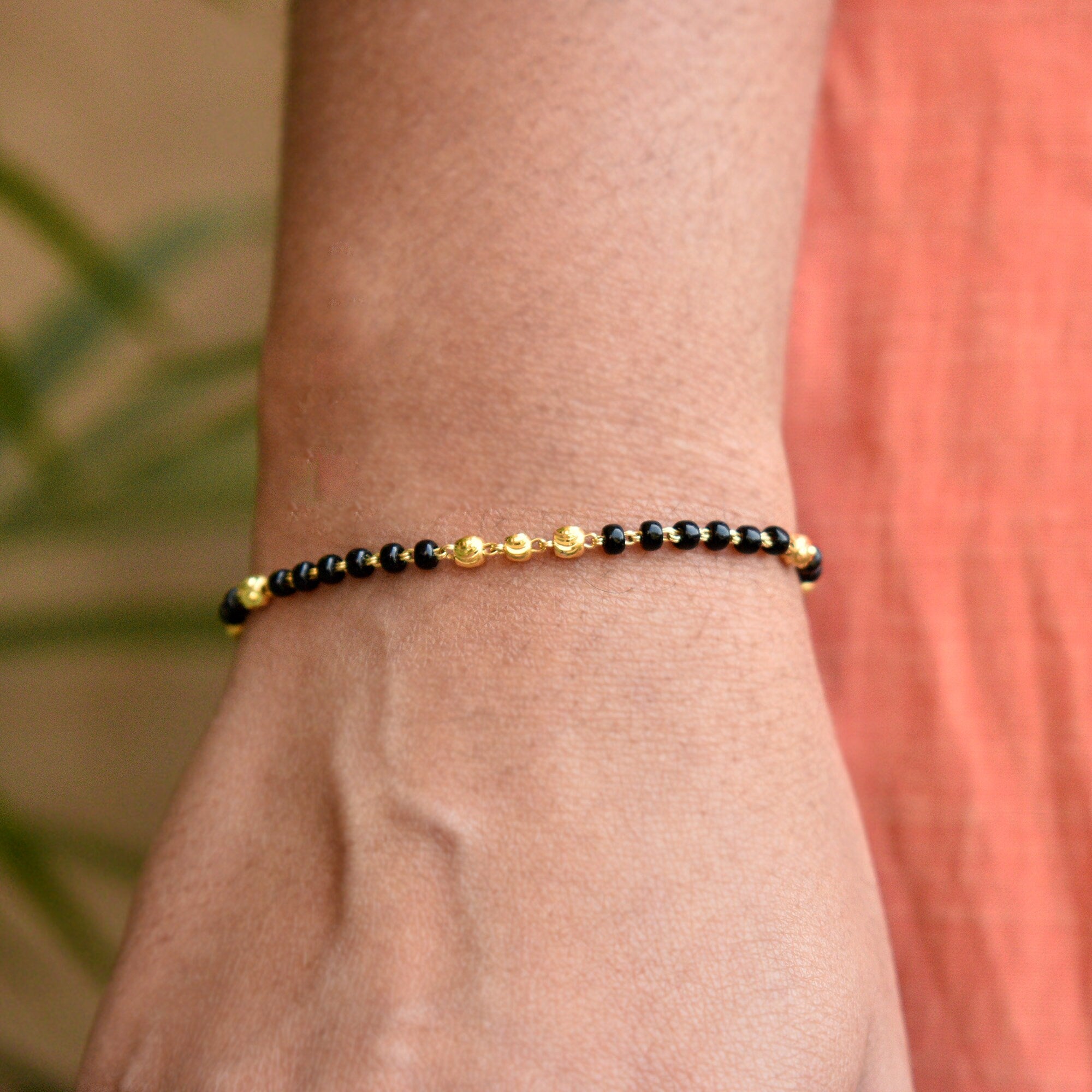 18K Solid Yellow Gold SINGLE Strand Black Bead Bracelet, Mangalsutra Chain