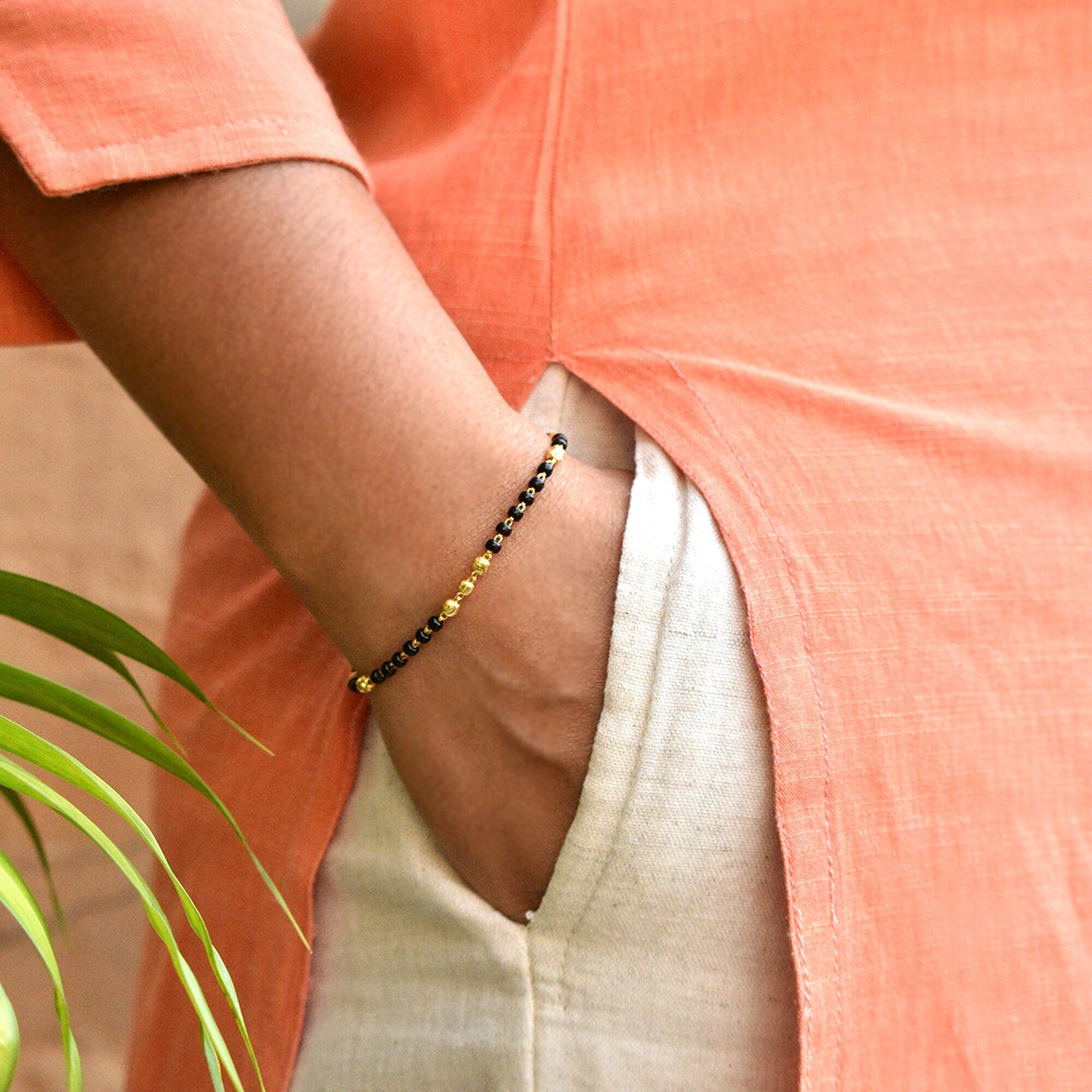 18K Solid Yellow Gold SINGLE Strand Black Bead Bracelet, Mangalsutra Chain
