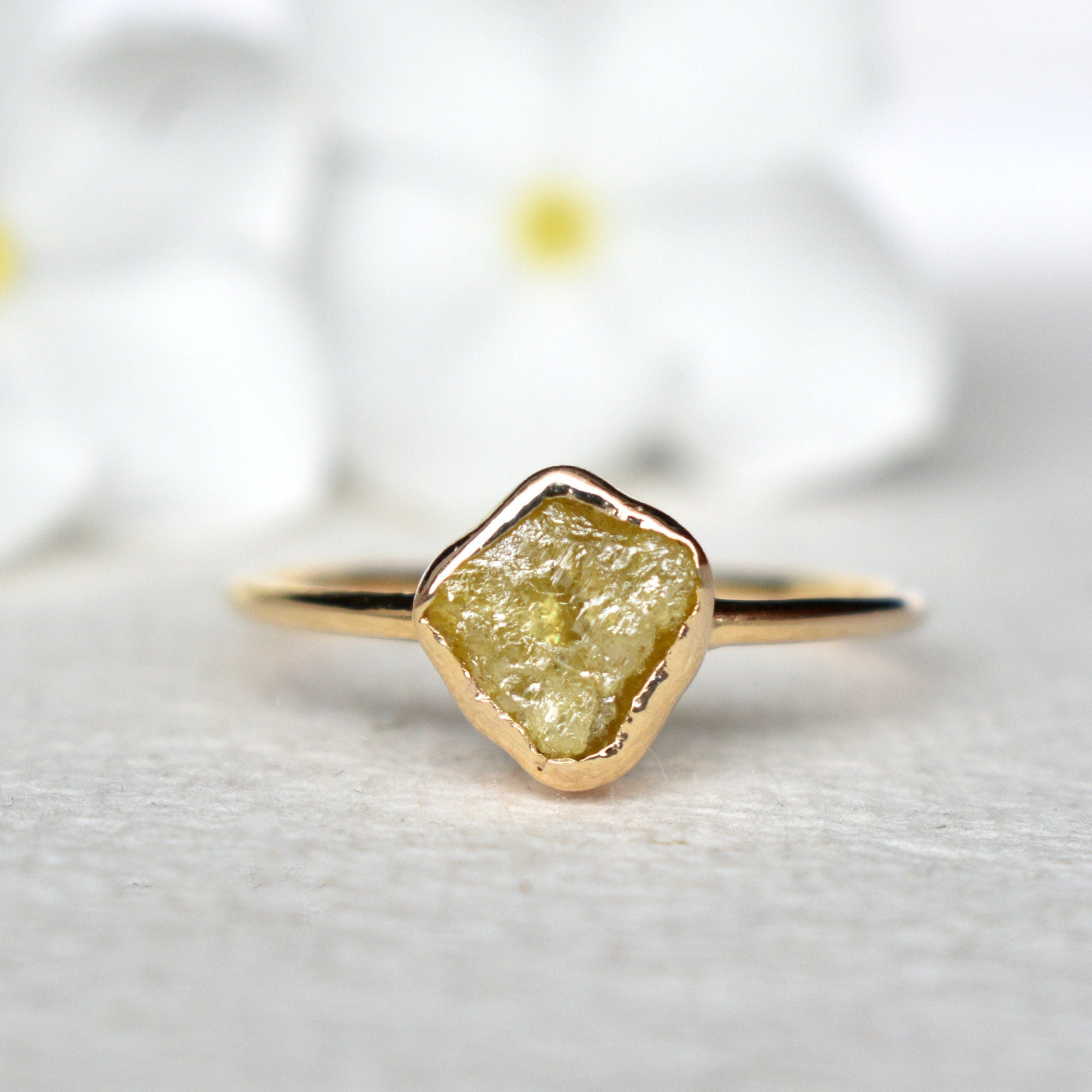 1.25 Carat Fancy Yellow Rough Diamond Ring in 14k Solid Yellow Gold Bezel Set Ring