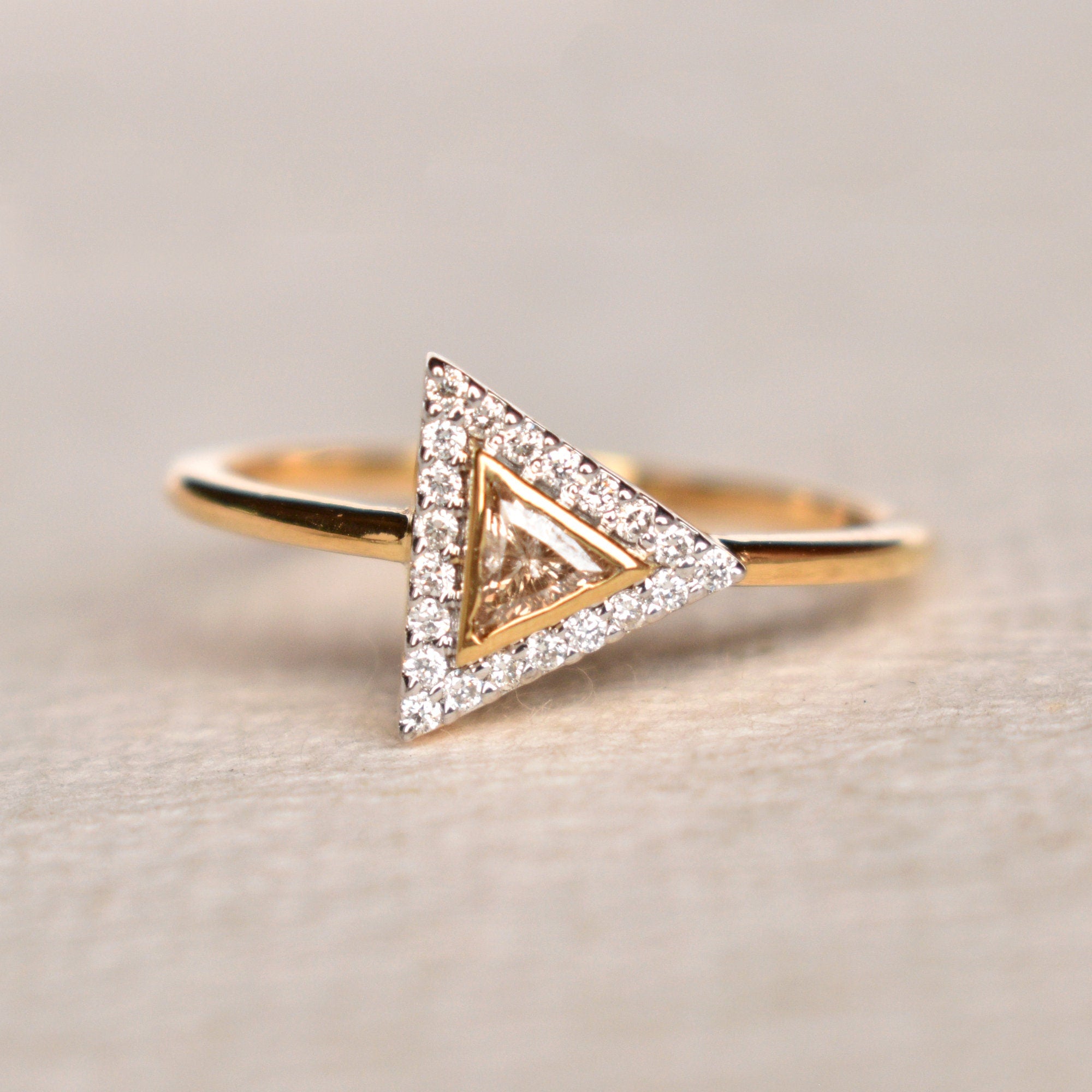 Brown Trillion Diamond Halo Engagement Ring, READY TO SHIP