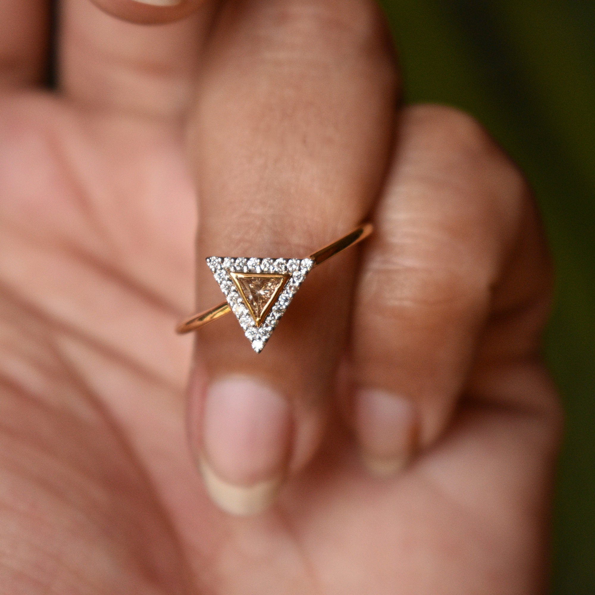 Brown Trillion Diamond Halo Engagement Ring, READY TO SHIP