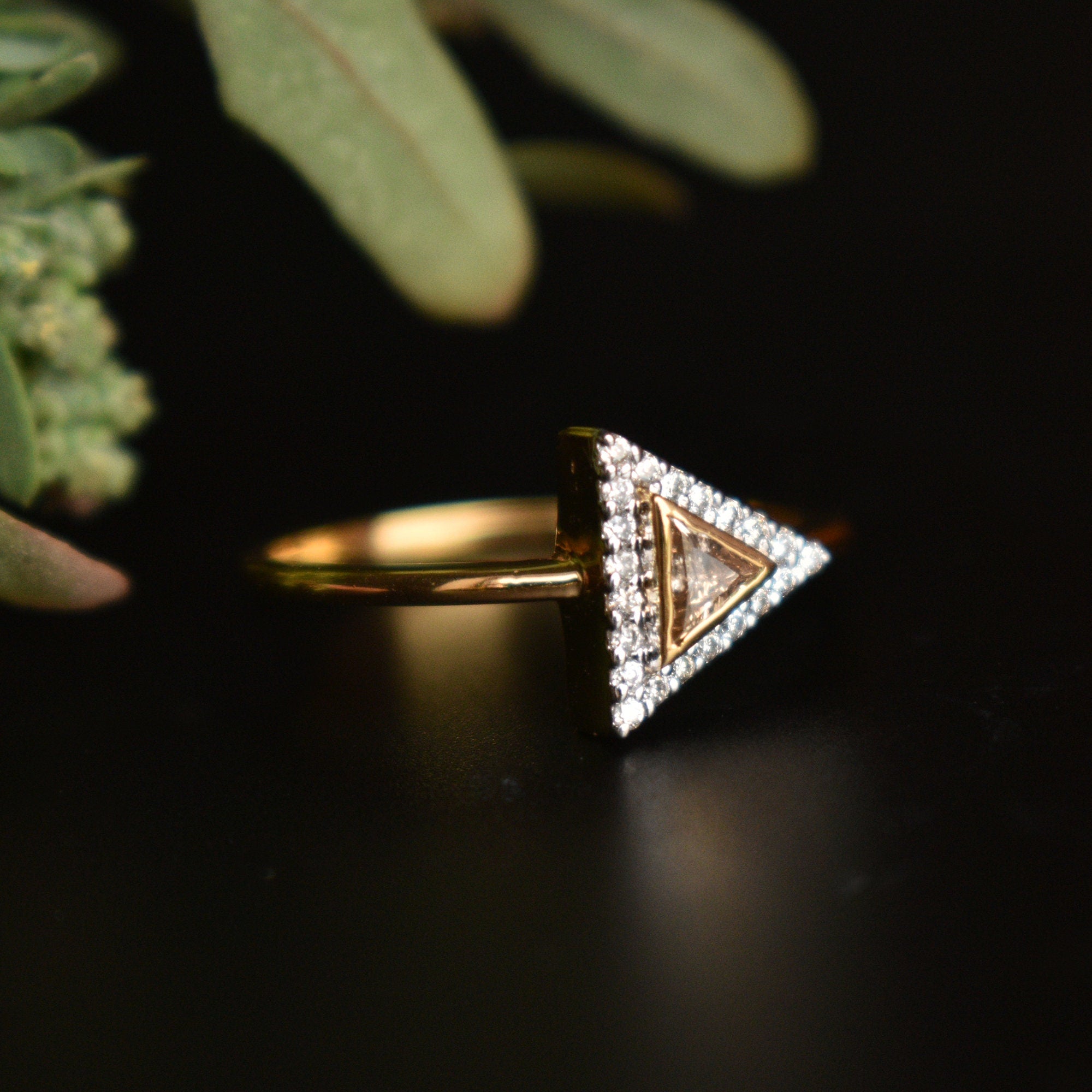 Brown Trillion Diamond Halo Engagement Ring, READY TO SHIP