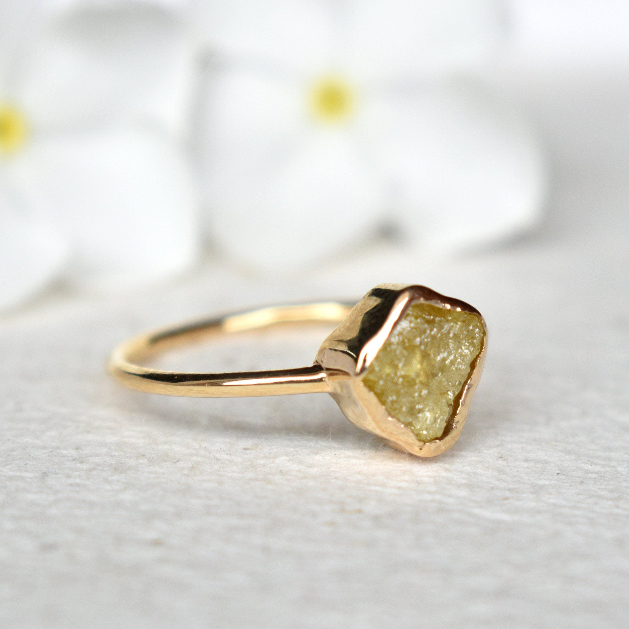 1.25 Carat Fancy Yellow Rough Diamond Ring in 14k Solid Yellow Gold Bezel Set Ring