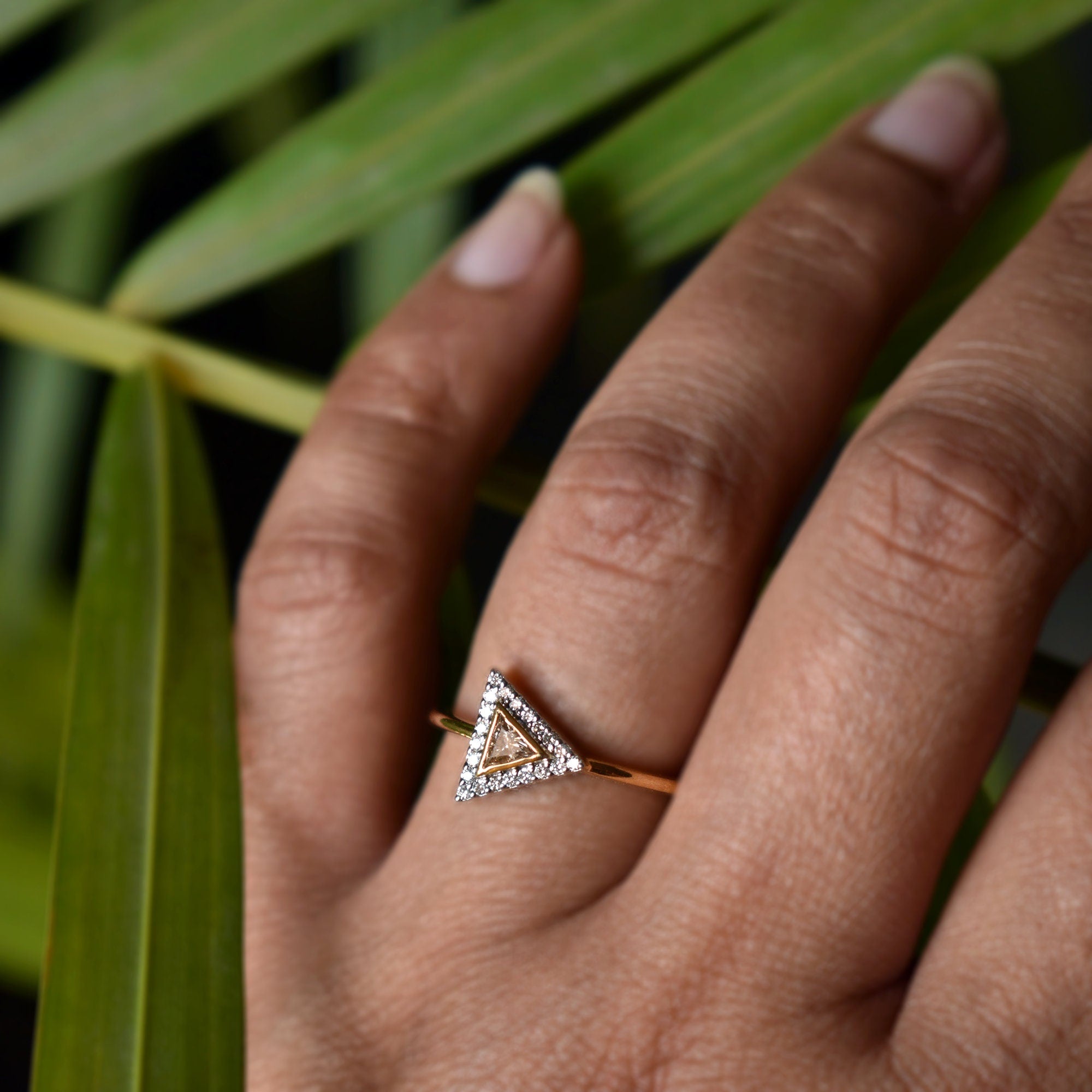 Brown Trillion Diamond Halo Engagement Ring, READY TO SHIP