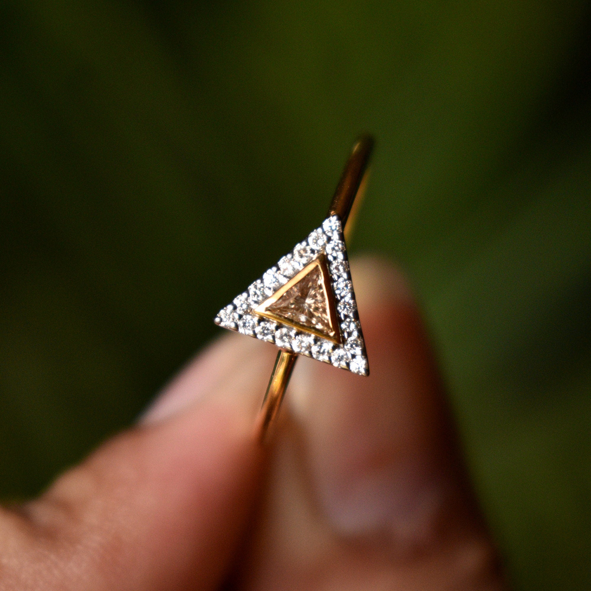 Brown Trillion Diamond Halo Engagement Ring, READY TO SHIP