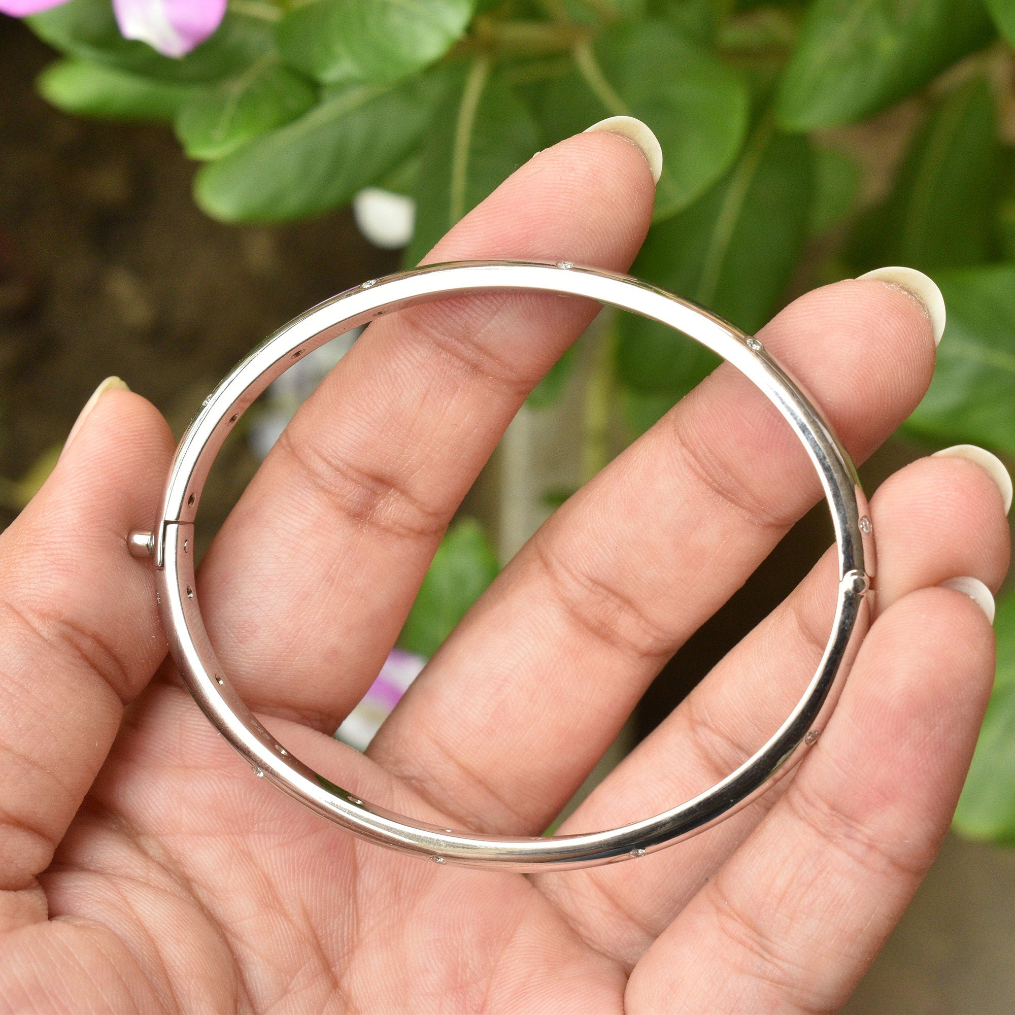 4mm Wide Etoile Diamond Oval Hinged Bangle in Solid 925 Sterling Silver