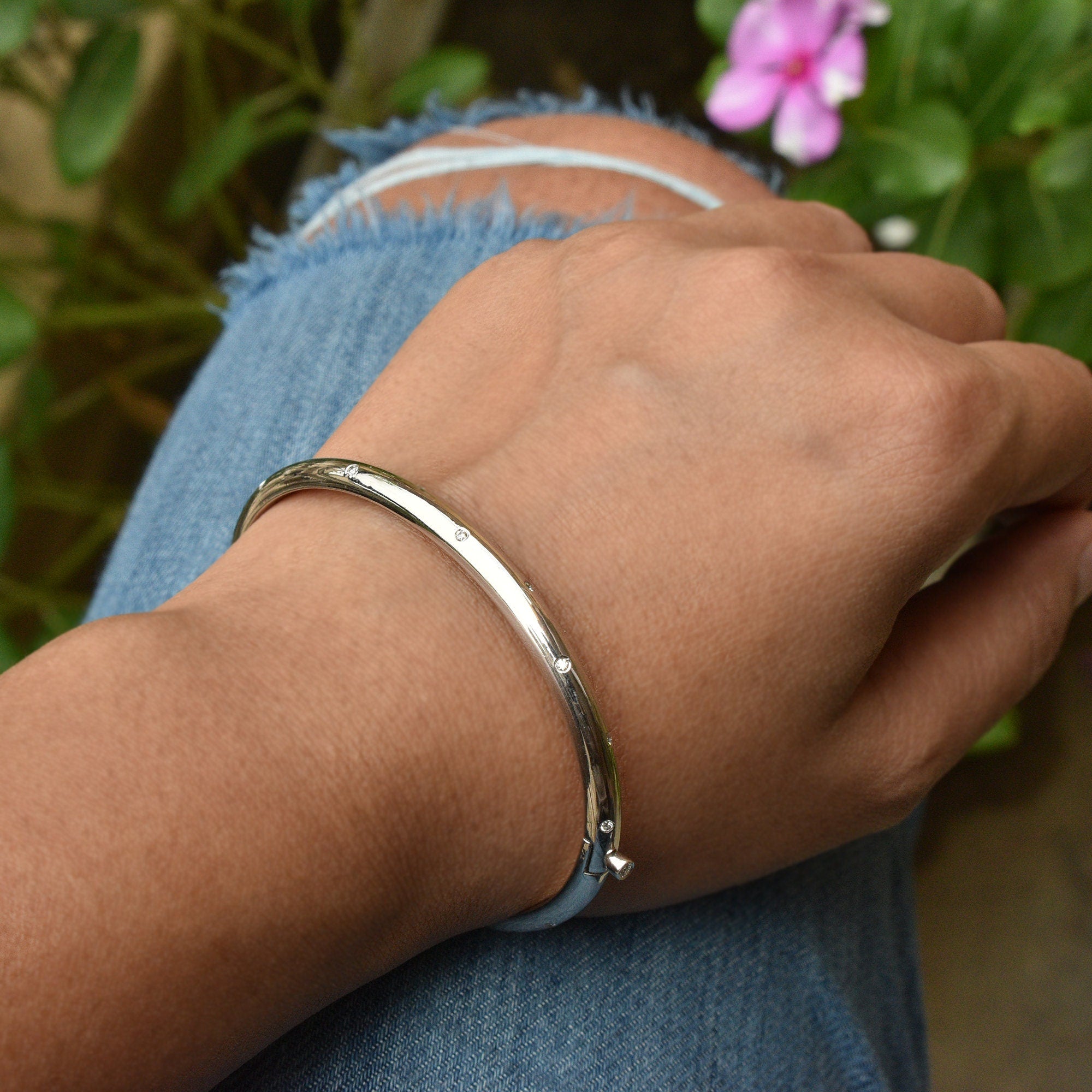 4mm Wide Etoile Diamond Oval Hinged Bangle in Solid 925 Sterling Silver
