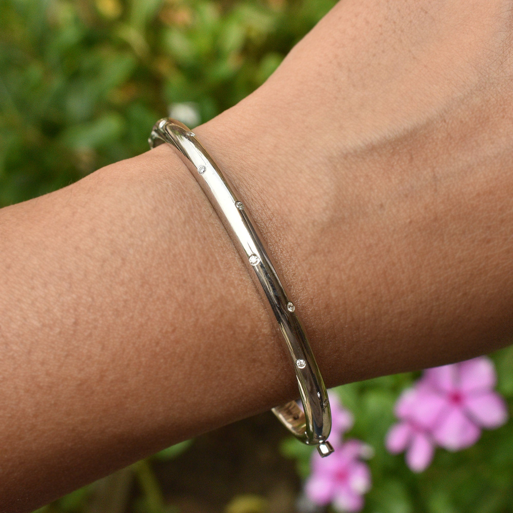 4mm Wide Etoile Diamond Oval Hinged Bangle in Solid 925 Sterling Silver