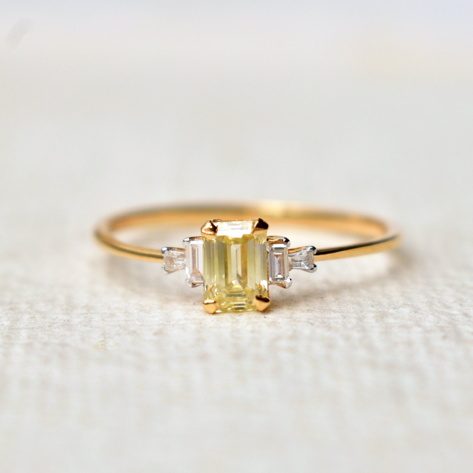 Natural Yellow Diamond Engagement Ring with White Baguette Diamond Accents, 14K Solid Yellow Gold Emerald Cut Ring, 5 Diamond Cluster Ring