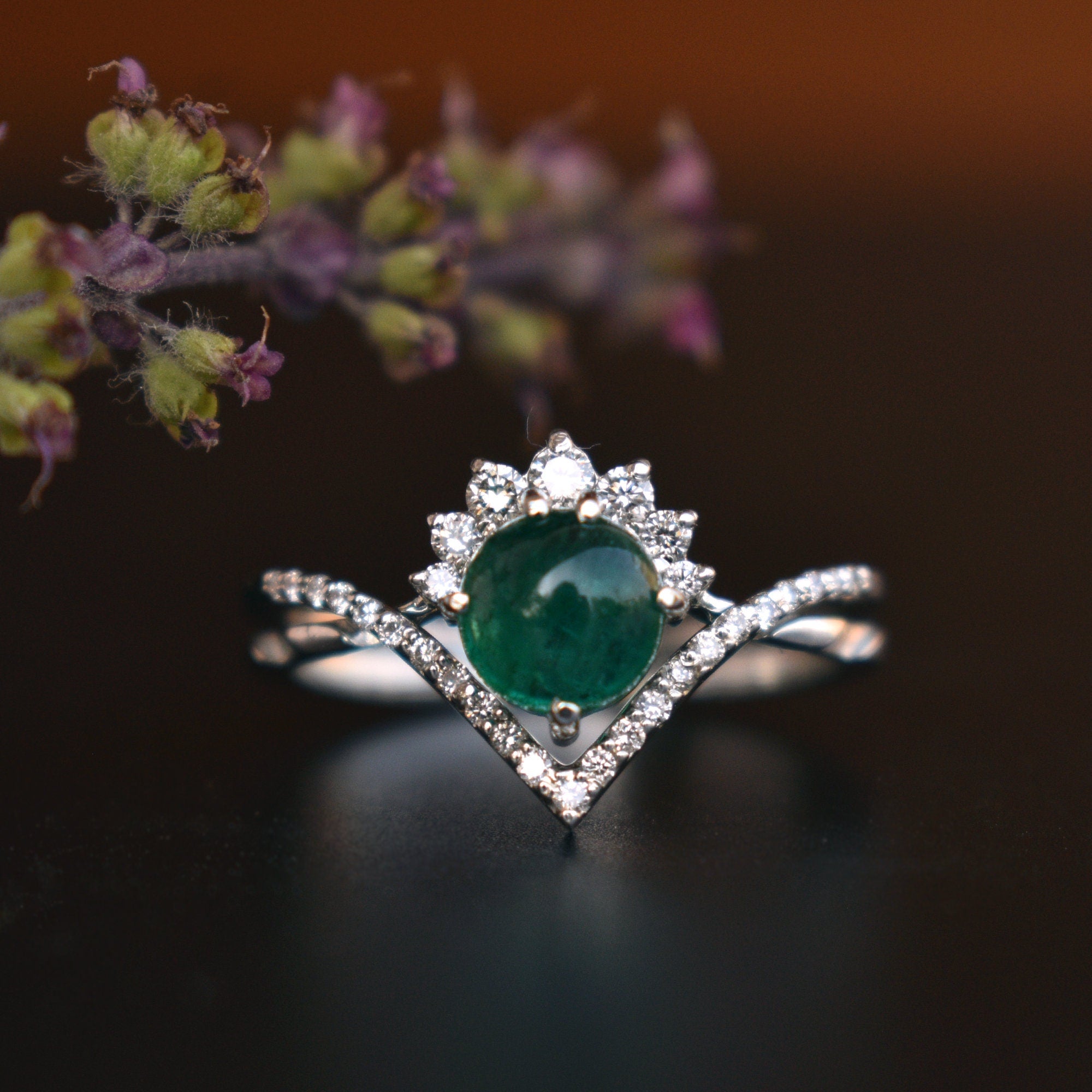 Cabochon Green Emerald CROSSOVER Ring Set