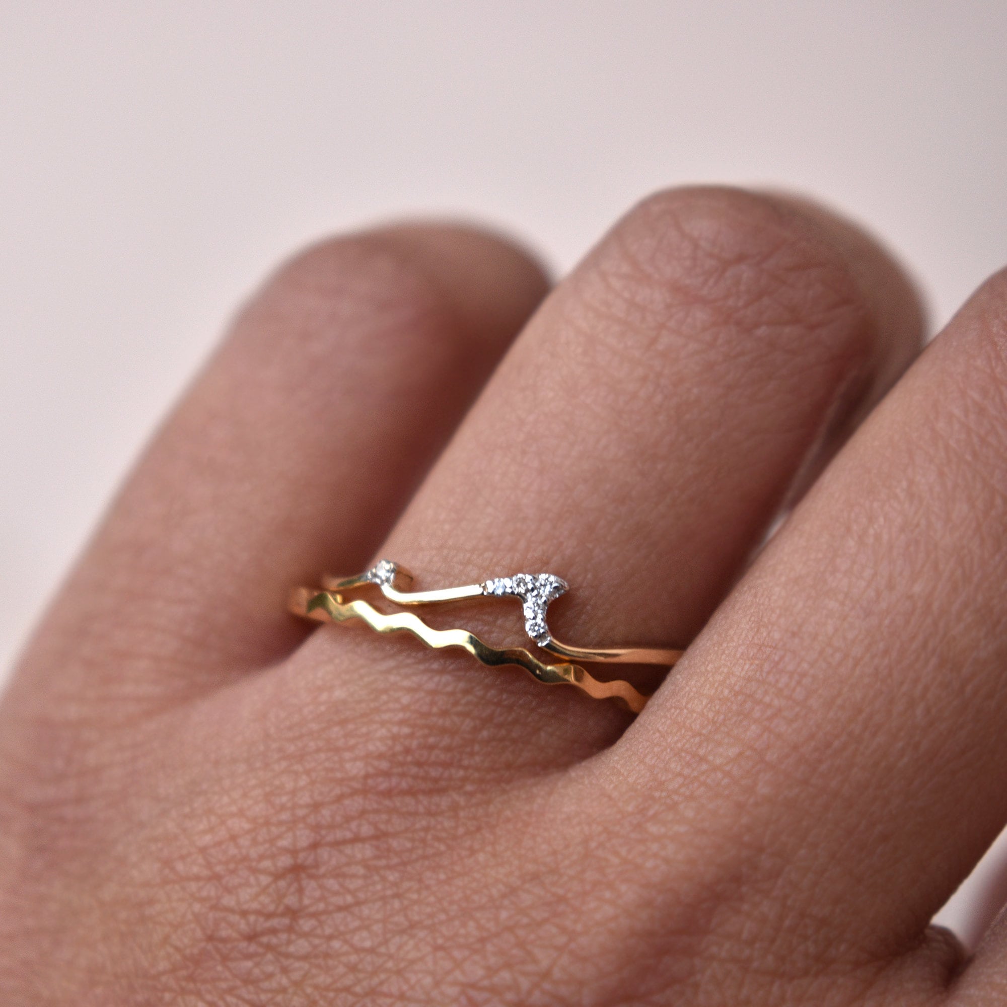 Ocean & Wave Diamond Ring Set, 14K 18K Solid Gold Gold Ocean Tide Bridal Set, Wave Surfer Surf Rings, Dainty 2 Wave Ocean Lover Gift