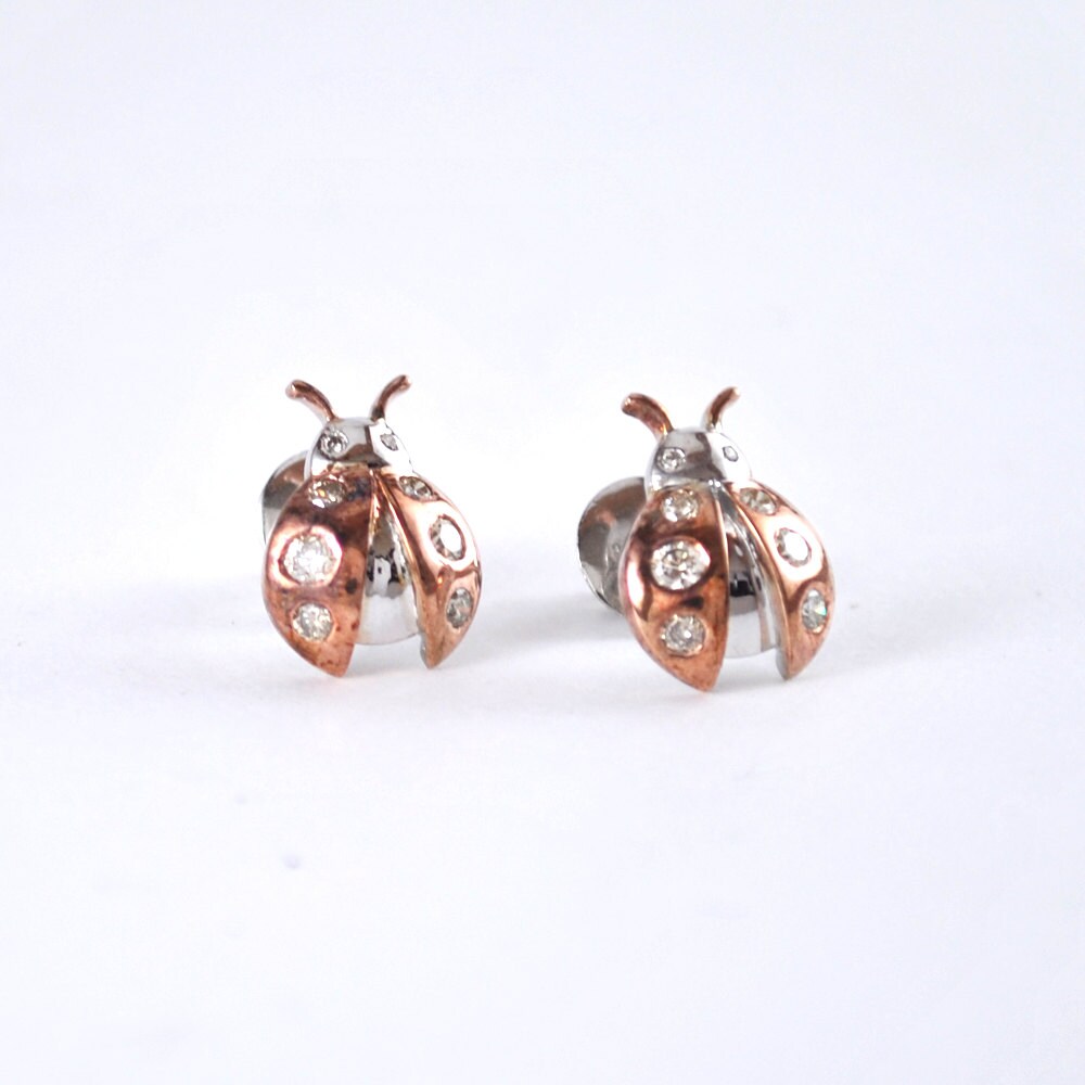 Ladybug Earrings in Sterling Silver, Natural Diamonds Insect Nature Jewelry