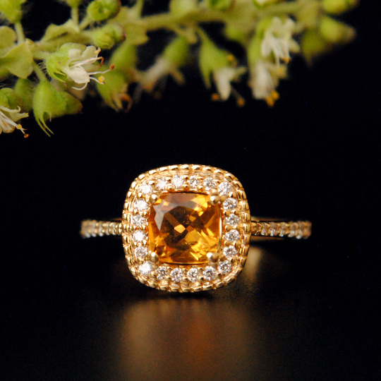 Cushion Citrine with Diamond Halo Engagement Ring