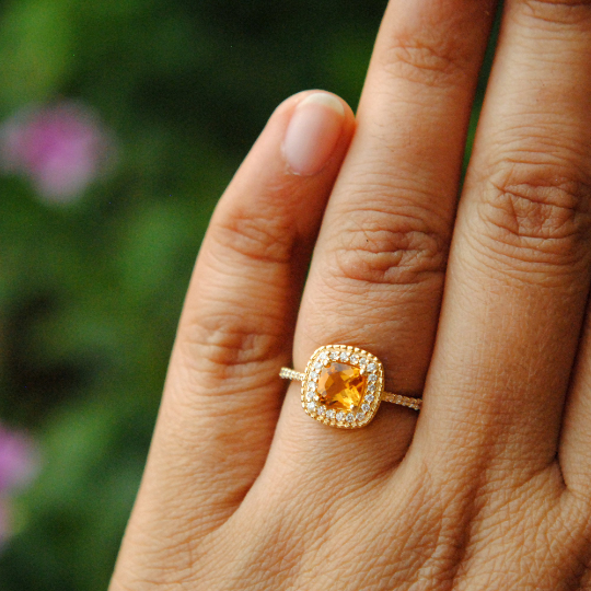 Cushion Citrine with Diamond Halo Engagement Ring