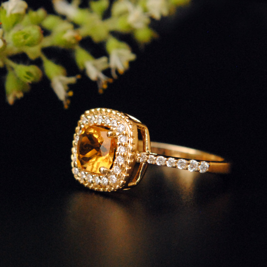 Cushion Citrine with Diamond Halo Engagement Ring