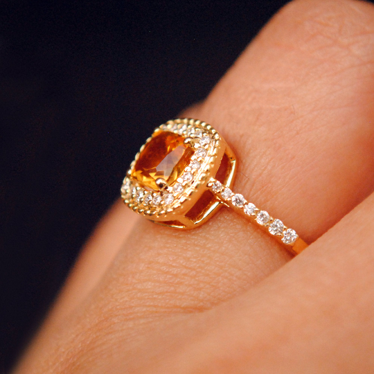 Cushion Citrine with Diamond Halo Engagement Ring