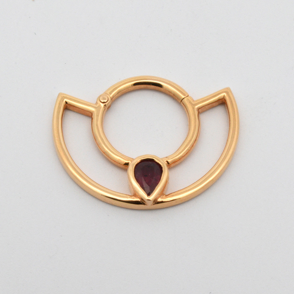 8 mm Pear Ruby Two Line Seamless Clicker, 14K Yellow Gold
