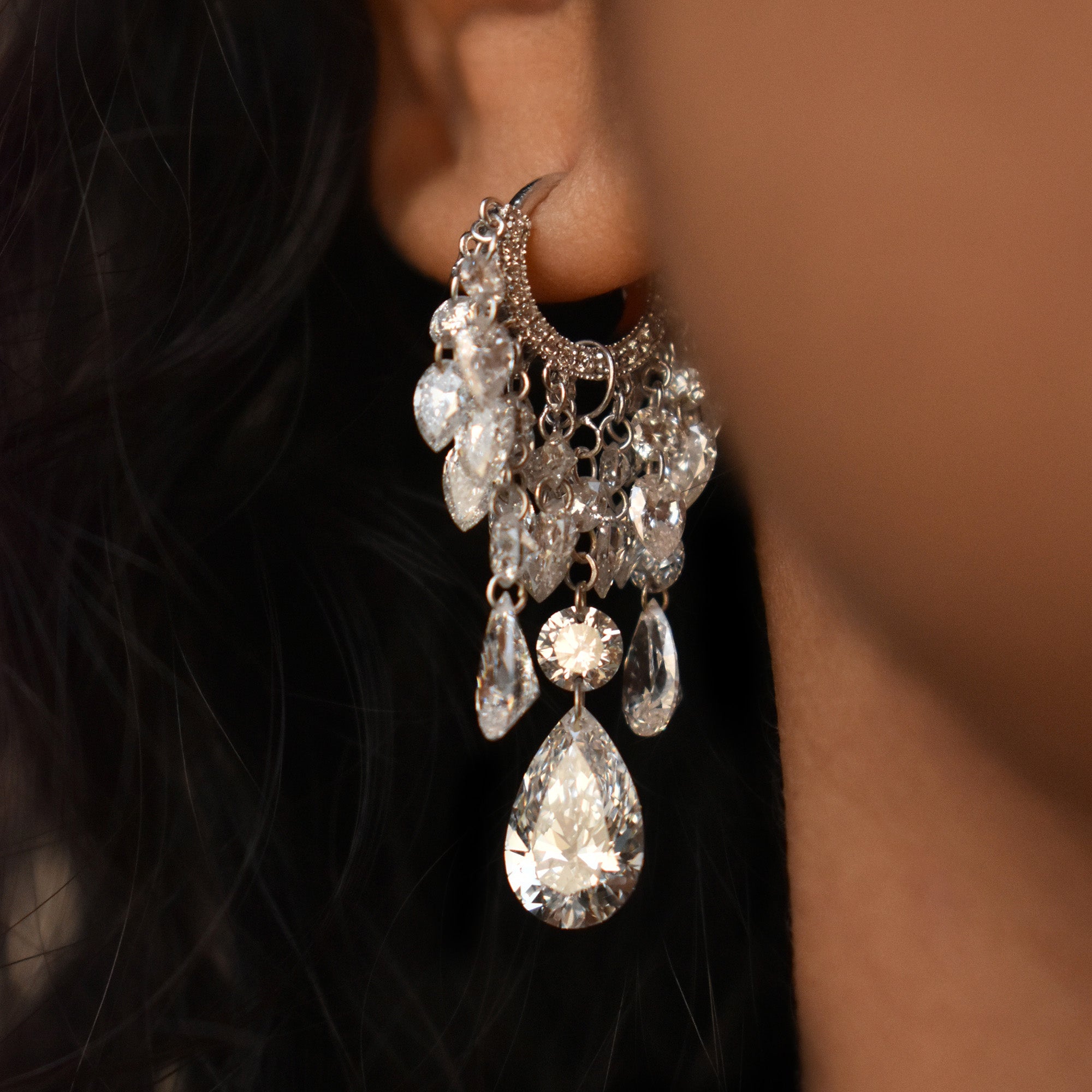 Grand Tassel Hoop with Round & Pear Drilled Diamonds