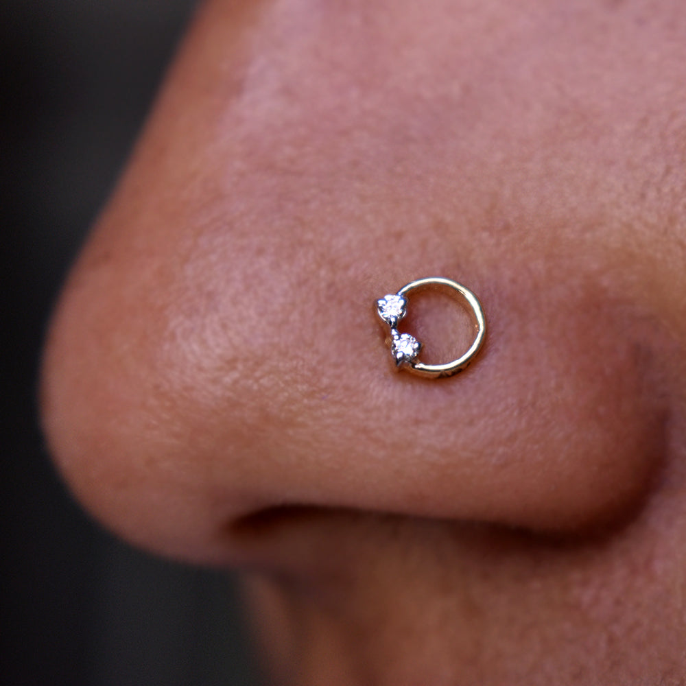 Two Diamond Circular Nose Stud 14K Yellow Gold C Wire