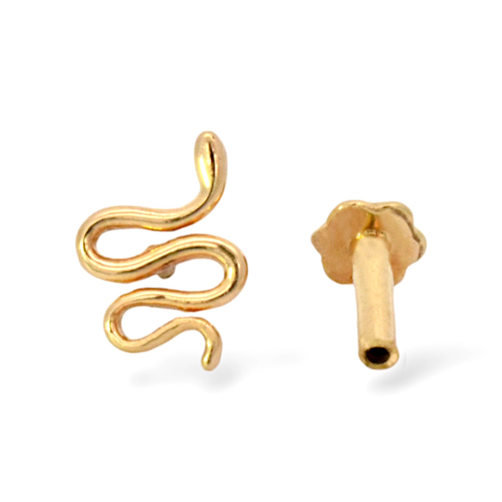 Threaded Flatback Snake Single Stud, 14K Yellow Gol, Flatback, 16 Guage