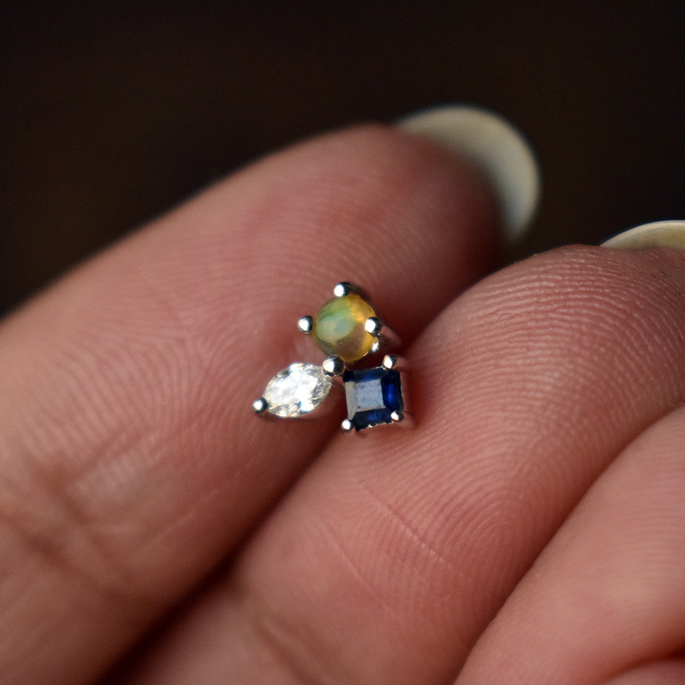 14K White Gold Multistone Asymmetric Trinity Stud