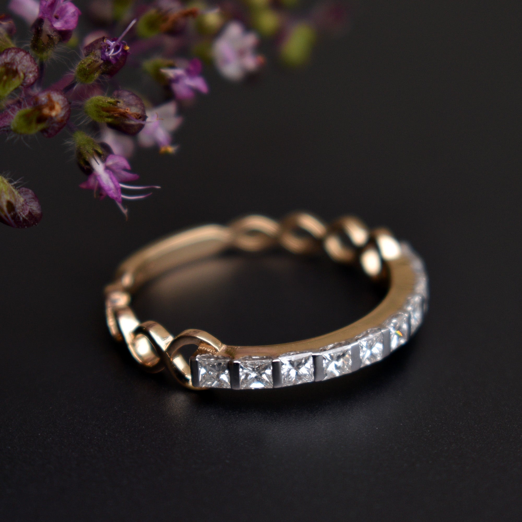 Princess Cut Diamond with Broad Vine Band in Solid Gold