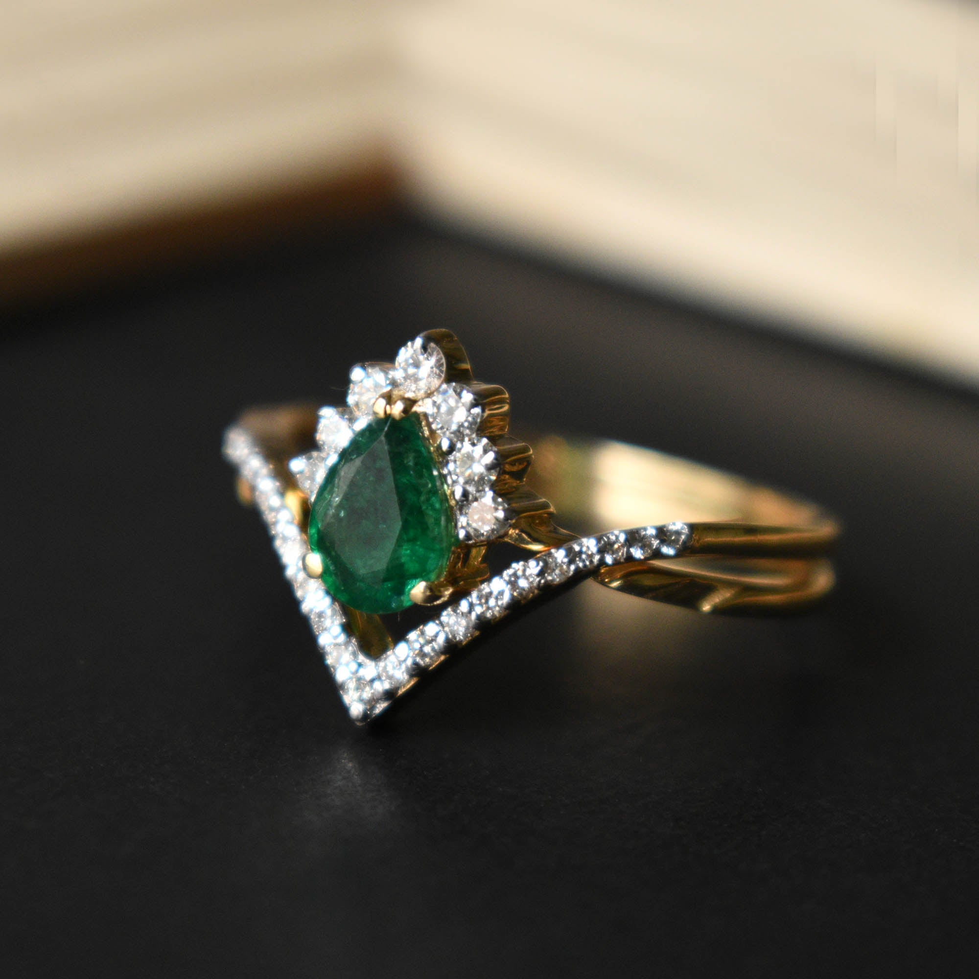 Natural Pear Cut Green Emerald & Diamond Interlocking Crossover Bridal Ring Set