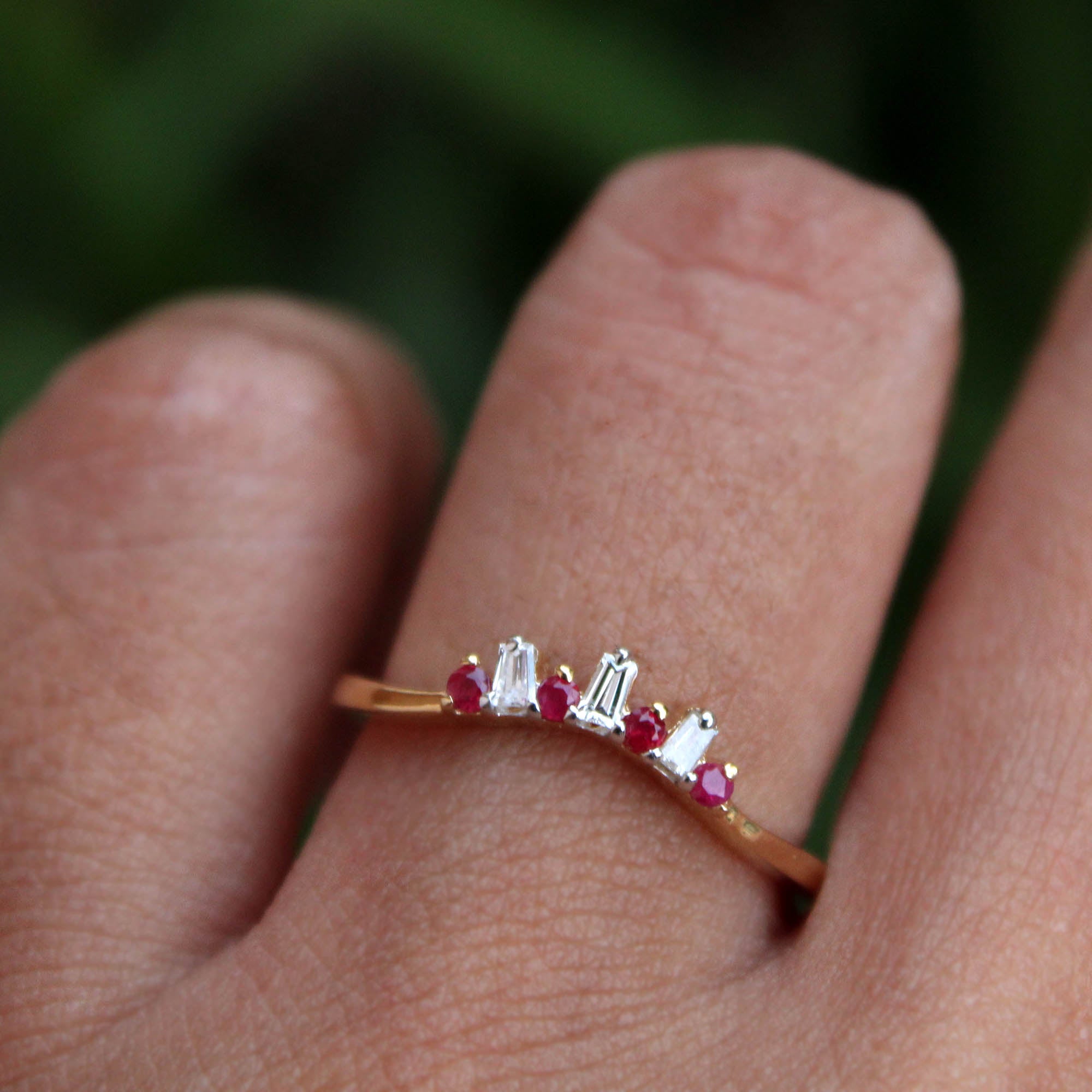 Baguette Diamond & Round Ruby Curved Stackable Ring