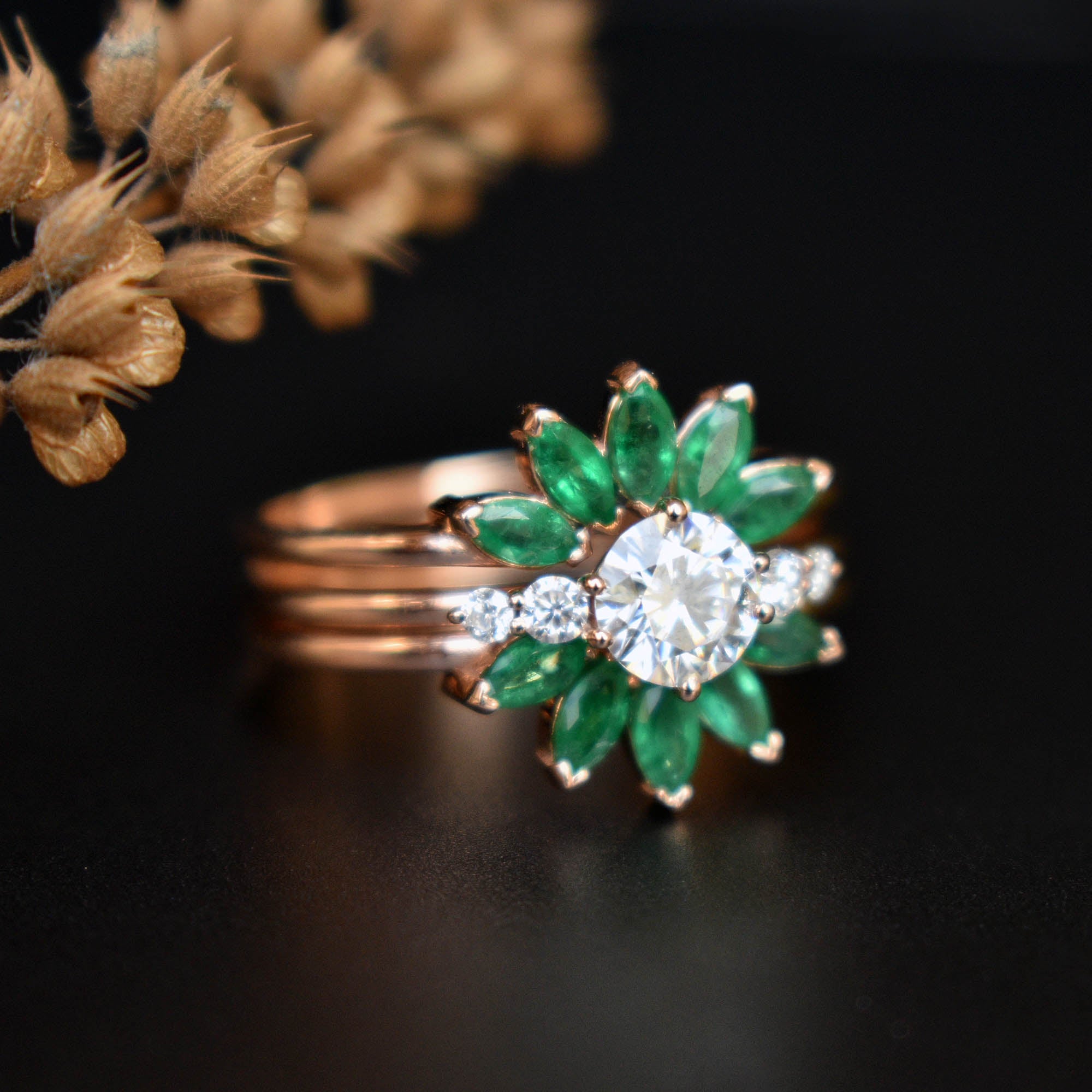 Moissanite & Green Emerald Sunburst Ring Set