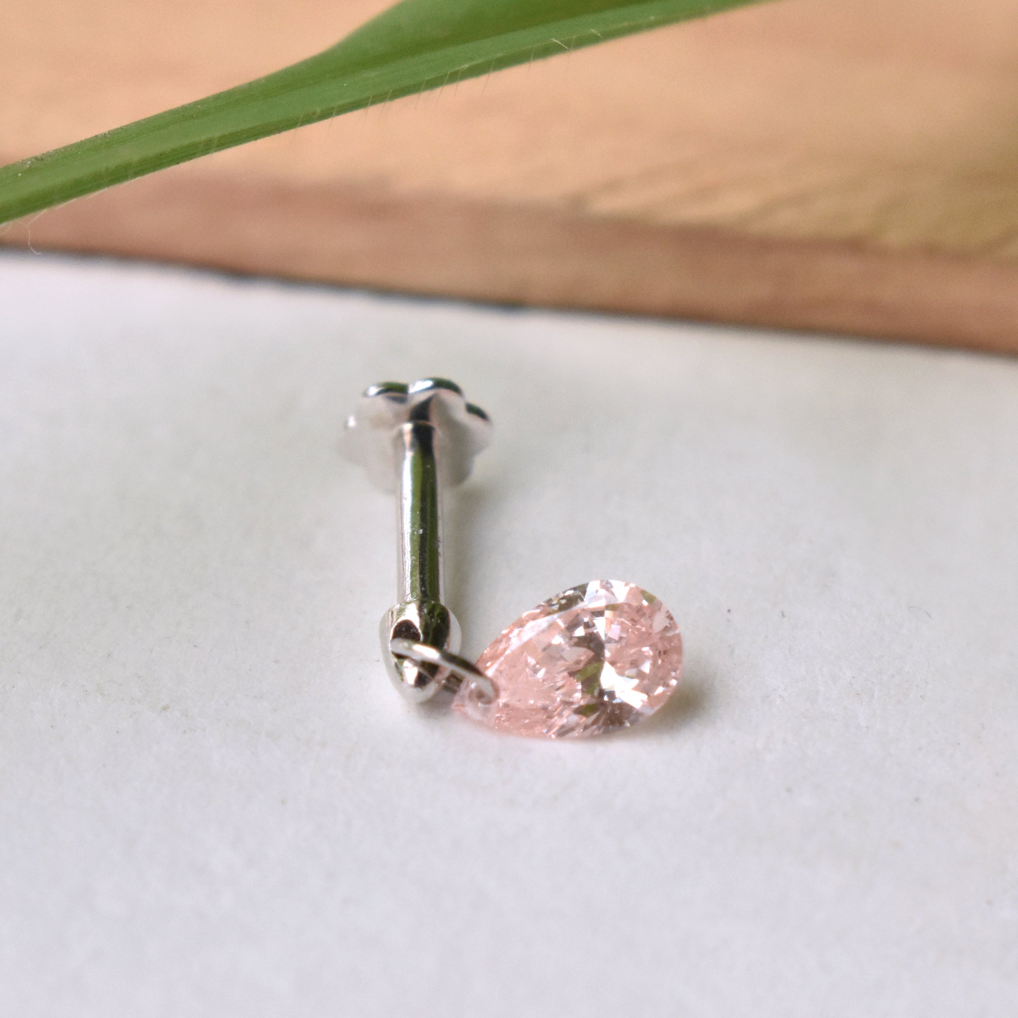 Floating PINK Pear Diamond Stud Earring
