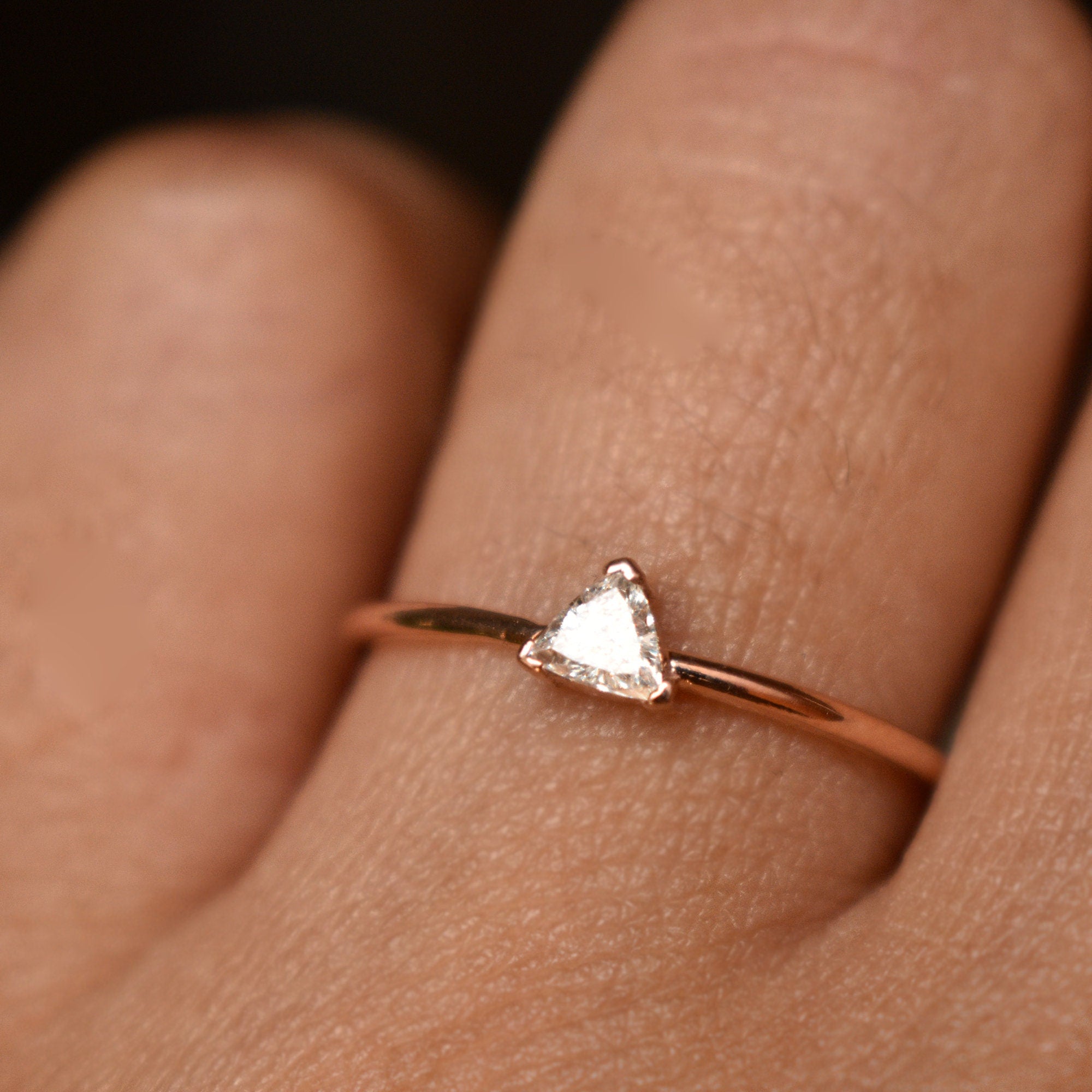 Small Trillion Cut Diamond Engagement Ring, 14k Solid Rose Gold Natural Diamond Ring, Minimal Triangle Diamond Ring, Mountain Proposal Ring