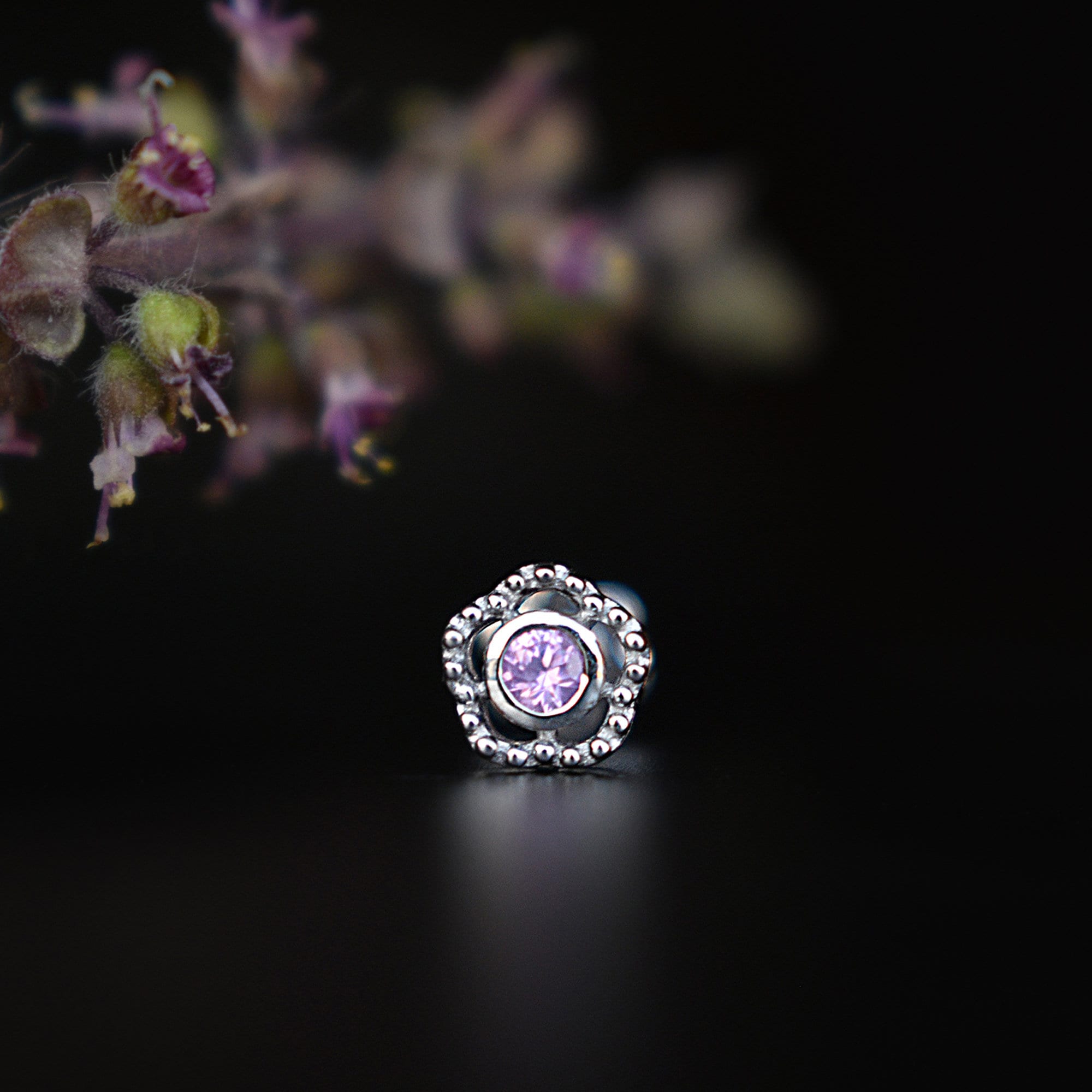 Natural Pink Sapphire Floral Stud, 14k 18k Solid Gold Nose Philtrum Ear Piercing Jewelry, 16g Flatback Stud, Piercing Lover Gift