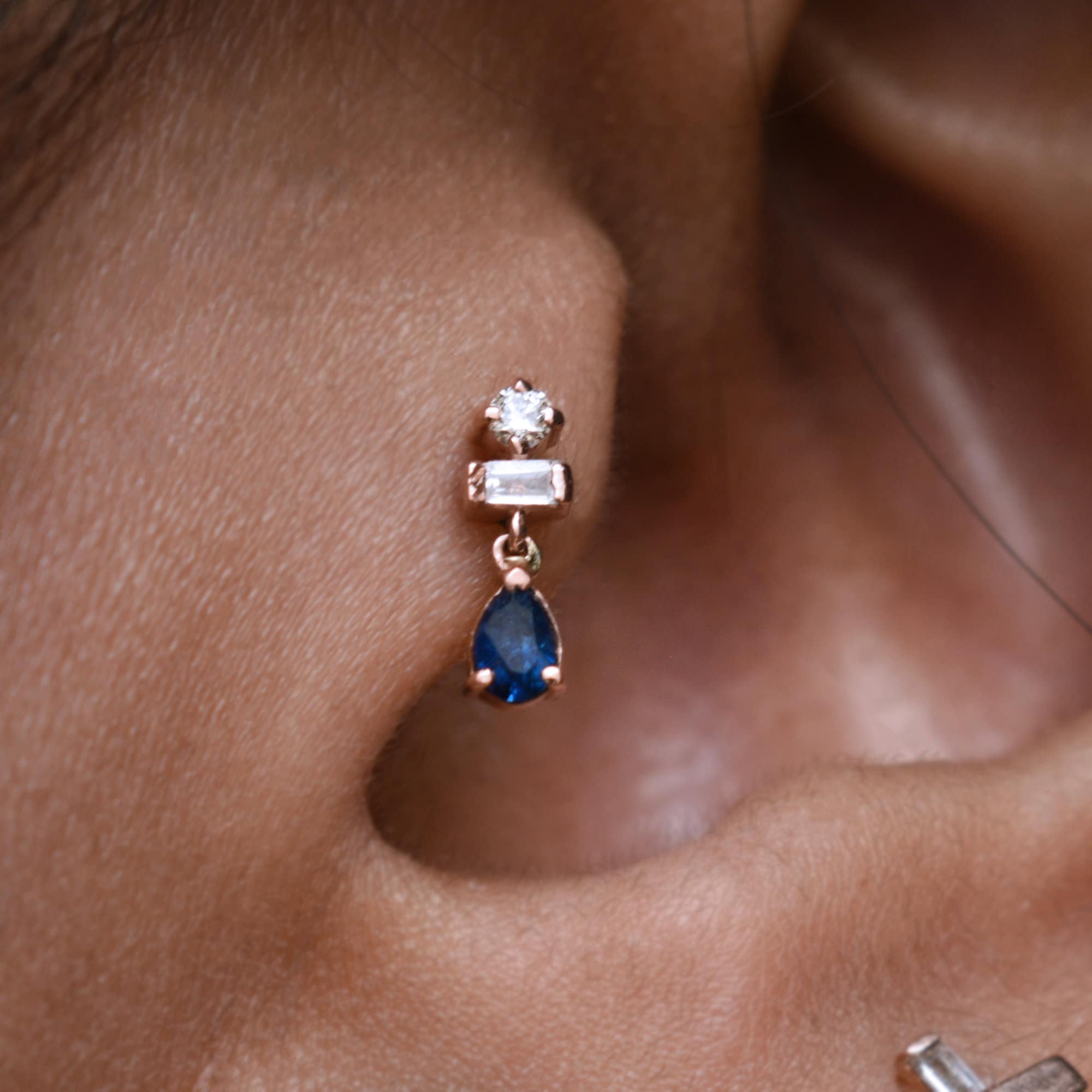 Natural Diamonds & Blue Sapphire Tiny Dangle Earring, 14k 18k Solid Gold Piercing Jewelry, Tragus Flat Conch Forward Helix Flatback Stud 16g