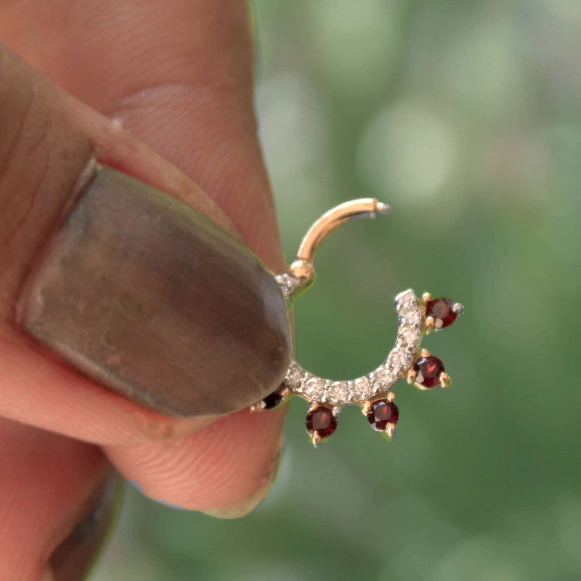 6mm-12mm Diamond & Garnet Daith Septum Hinged Clicker, 14k 18k Solid Gold Natural Gemstone Piercing Jewelry, 14g 16g 18g