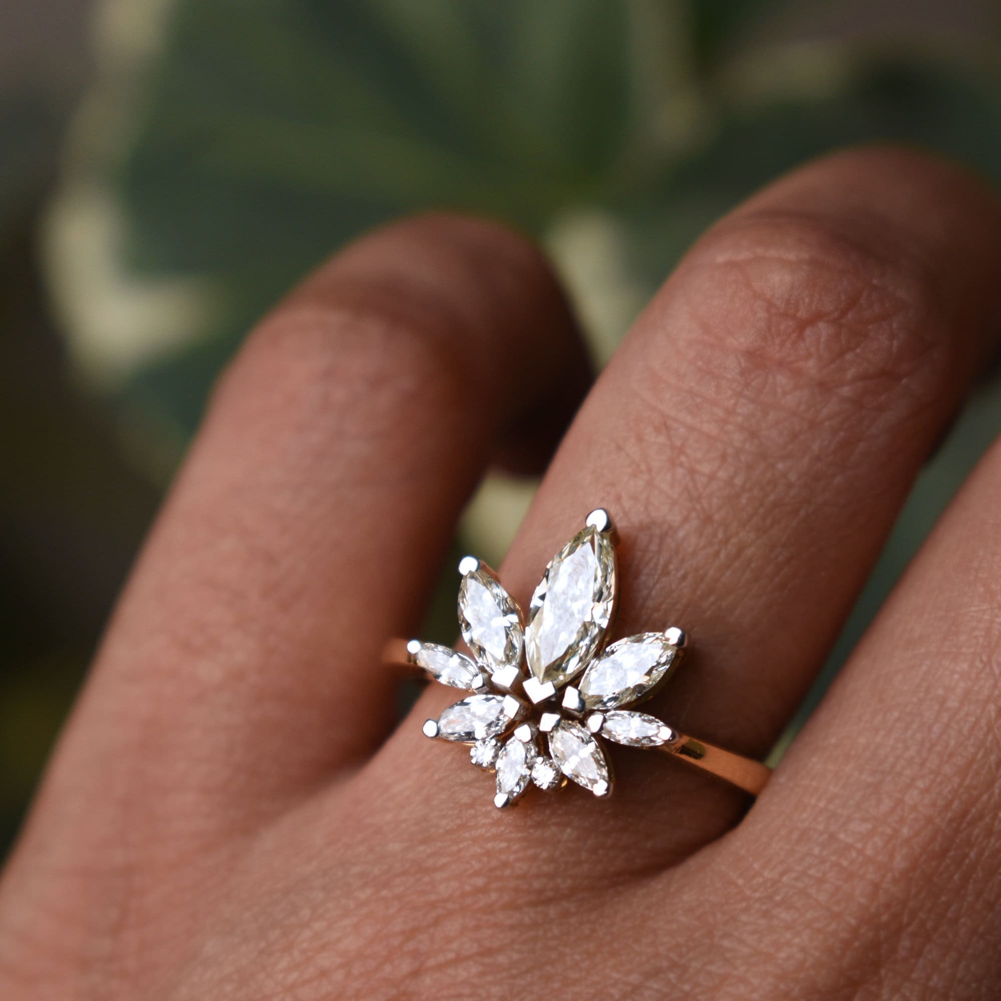 Lotus Diamond Engagement Ring, Marquise & Round Natural Diamond Lotus in Solid 14k Yellow Gold, Statement Proposal Ring, READY TO SHIP