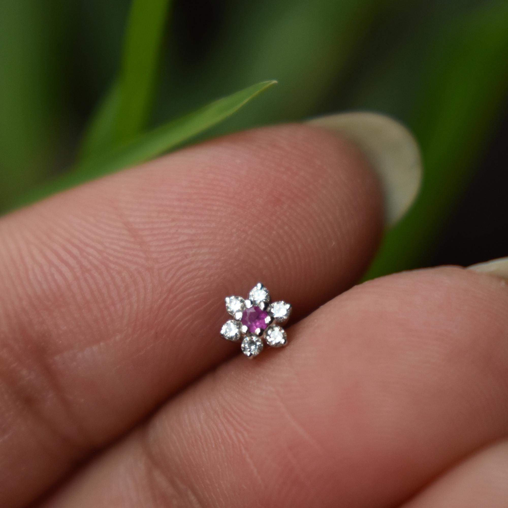 Natural Gemstone & Diamond Flower Stud, 14k 18k Solid Gold Small Flower Stud, Bridal Cluster Nose Pin, Customizable Birthstone Piercing