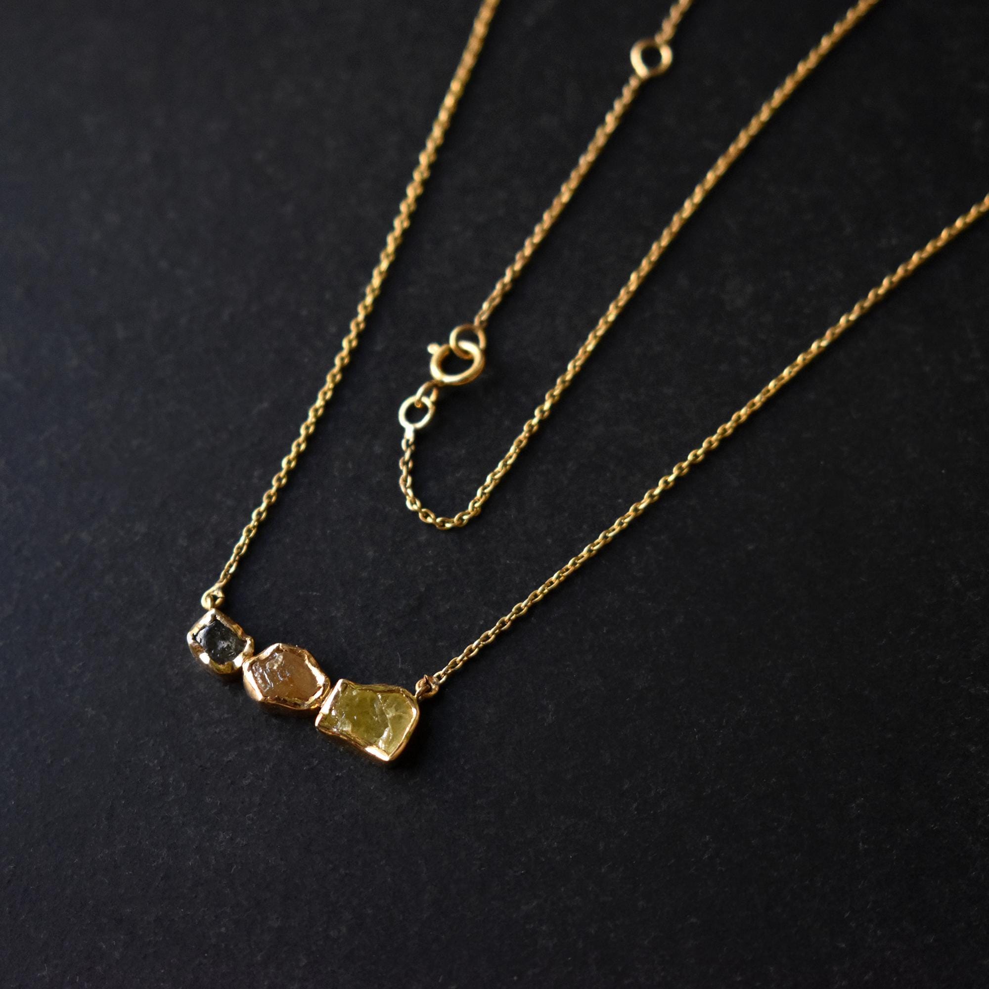 3 Color Natural Rough Diamond Bar Necklace, 14K Yellow Gold Raw Diamond Chain, Grey Brown Yellow Diamond Necklace, Layering Dainty Necklace