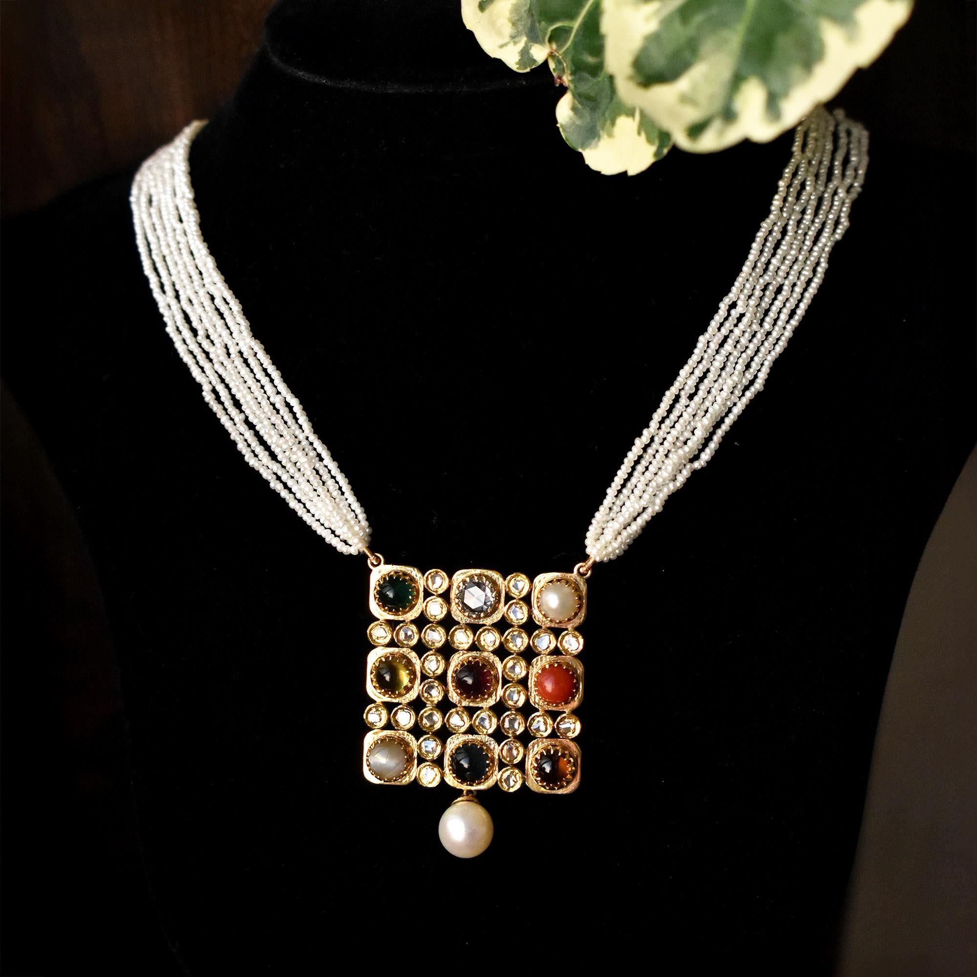 Navratna 9 Gemstone Bridal Necklace, 18k Solid Gold Natural Diamonds & Gemstones, Indian Wedding Necklace, Heirloom Heritage Jewelry