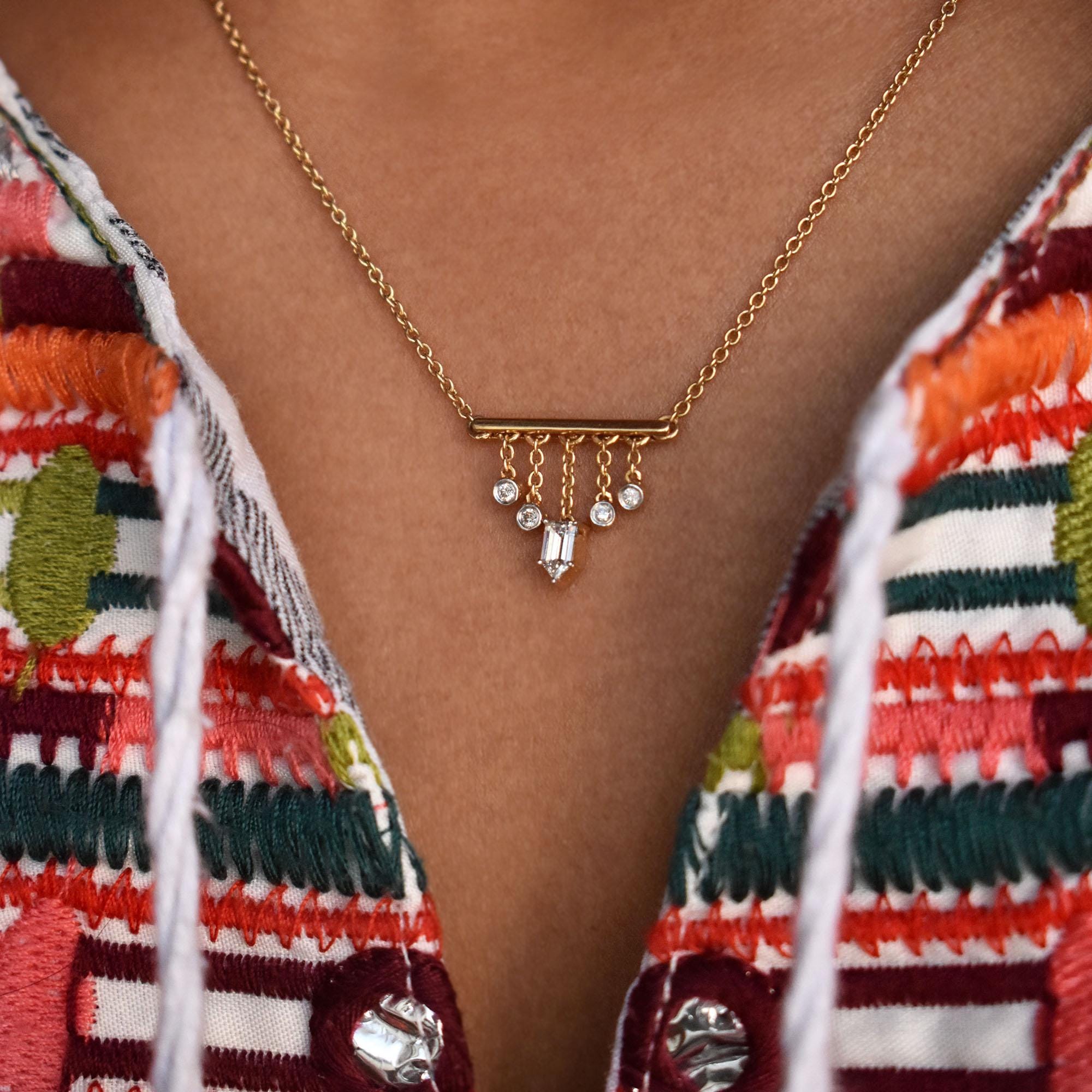 14k Solid Gold Bar Pendant with Dangling Diamonds, Dainty Layering Necklace, Waterfall Cascade Jewelry Mother's Day Gift