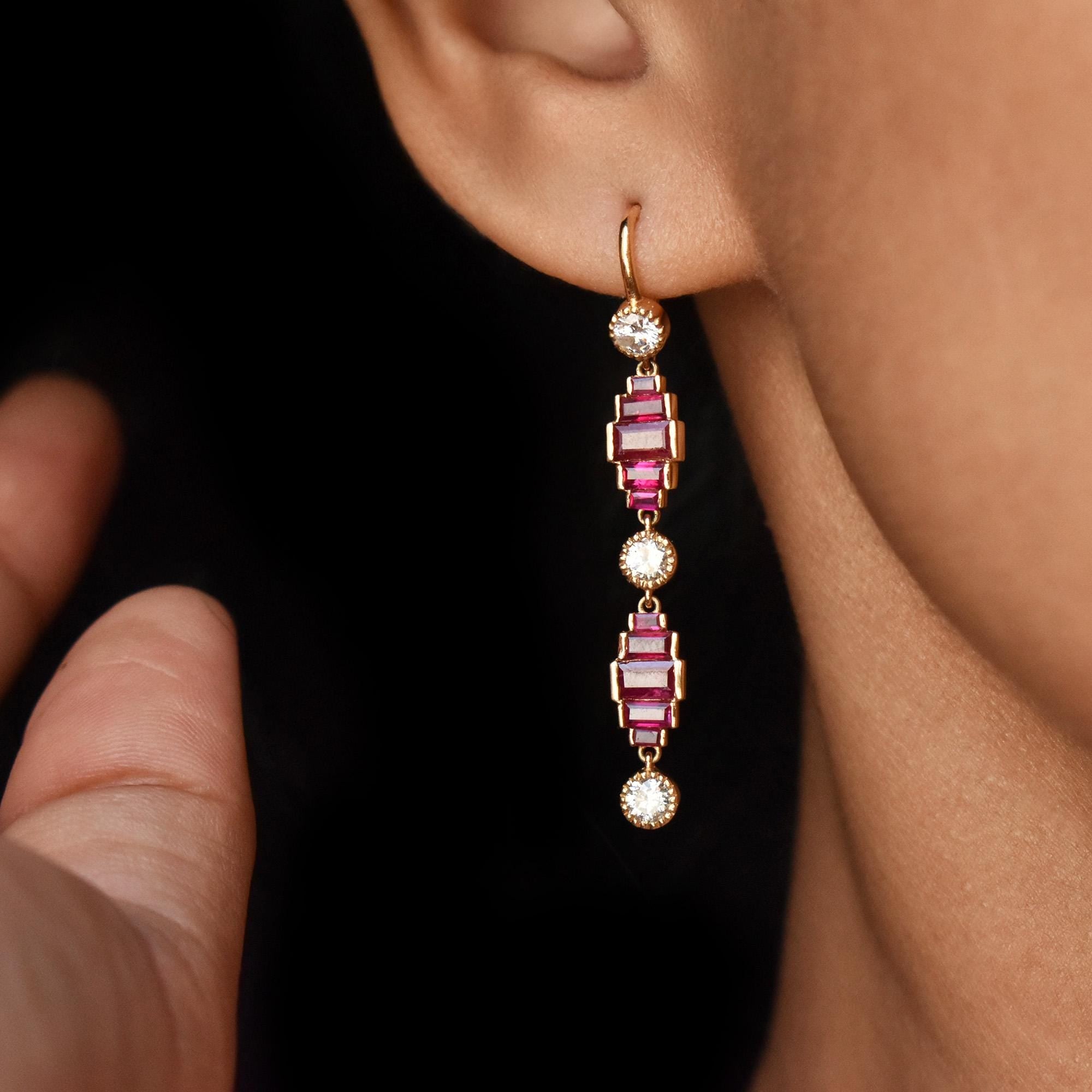 Natural Diamond & Ruby Dangle Earrings, 14k Solid Yellow Gold Long Bridal Earrings, Art Deco Geometric Drop Linear Earrings, Fine Jewelry