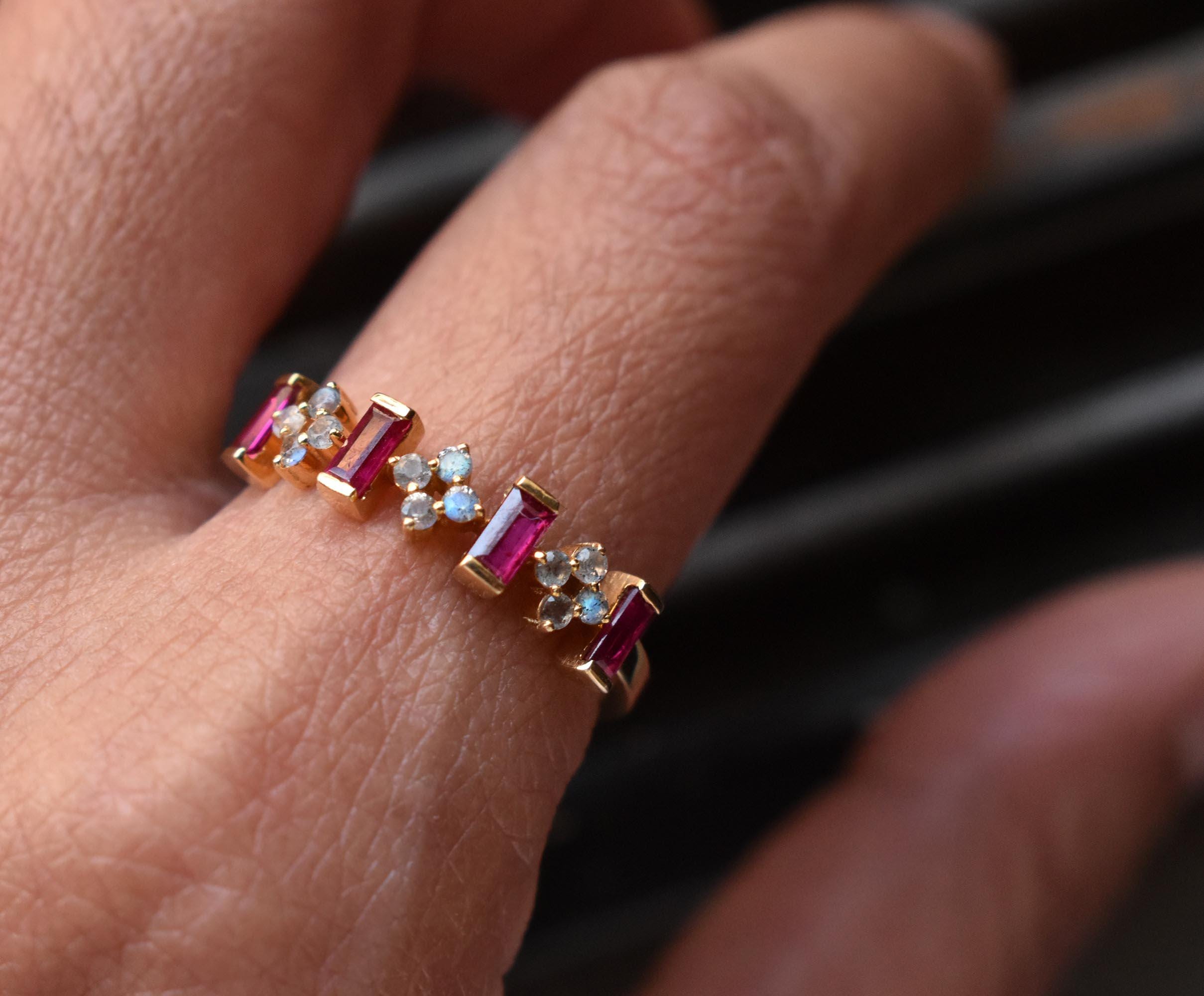 Natural Pink Ruby & Labradorite Band, 14k 18k Solid Gold, Round Baguette Gemstone Ring, Geometric Vintage Inspired Band, July Birthstone