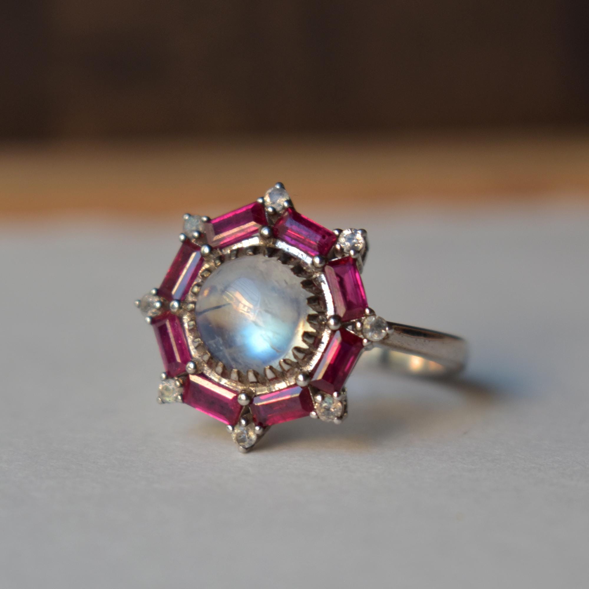 Natural Moonstone Ring with Ruby & Labradorite Halo Ring, Sterling Silver Vintage Inspired Unique Engagement Ring