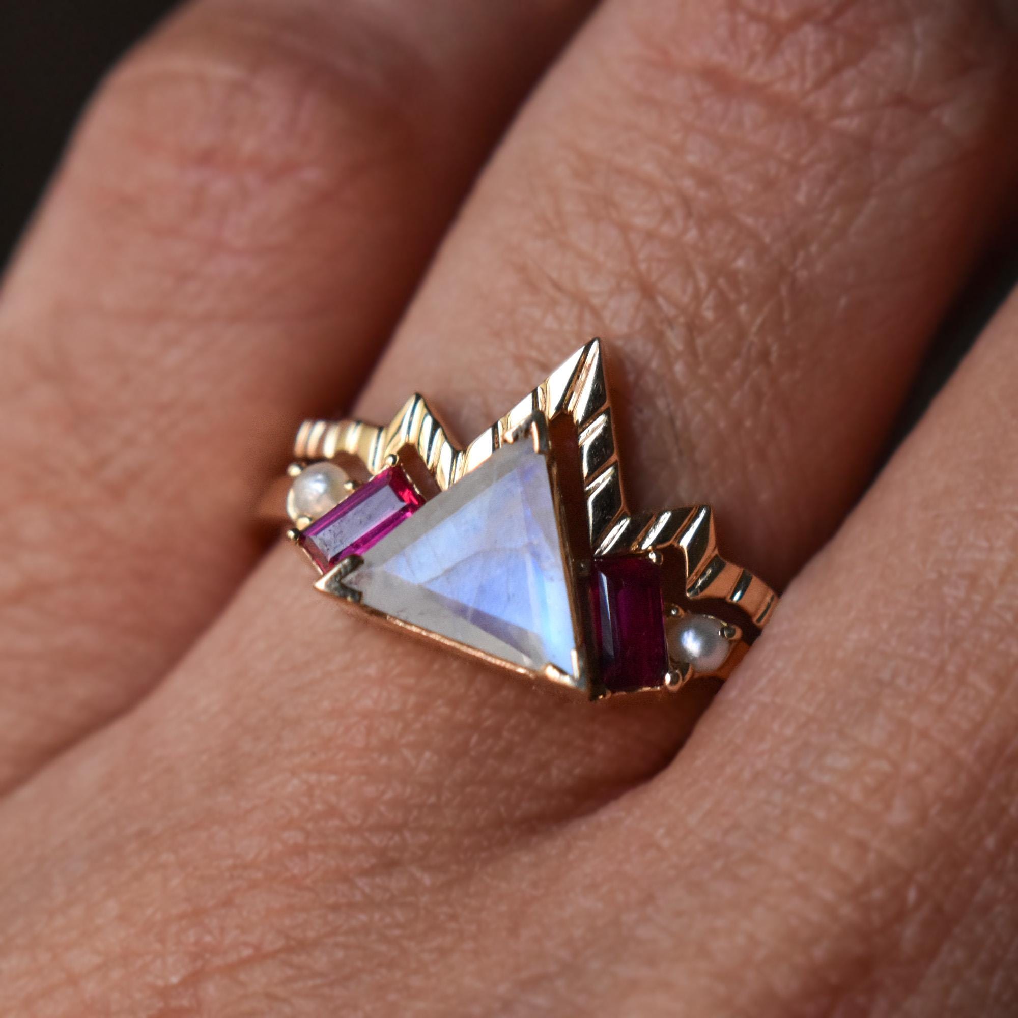 Mountain Gemstone Ring Set, 14K 18K Solid Gold, Natural Moonstone Ruby Pearl Engagement Bridal Jewelry